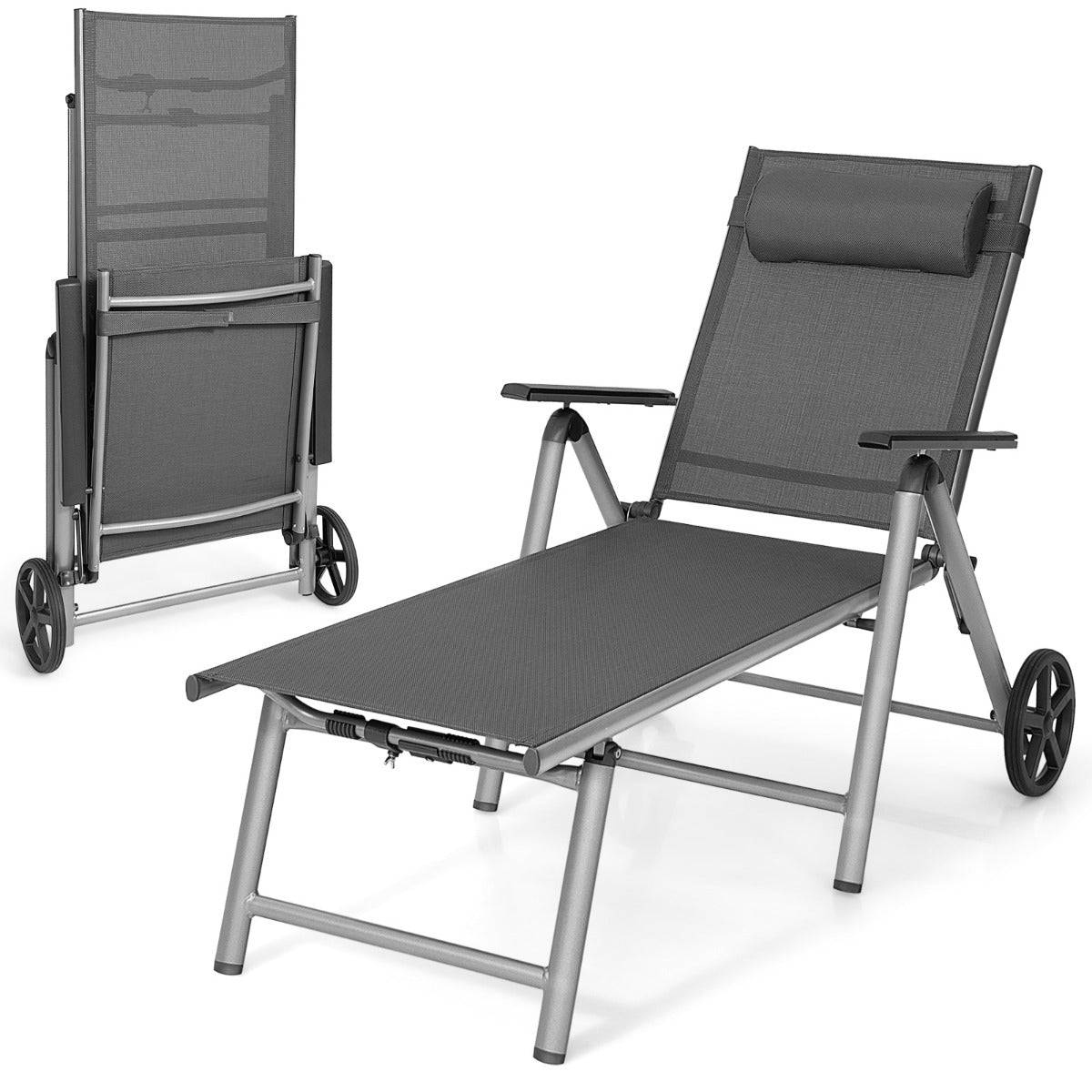 Helloshop26 - Chaise longue de jardin inclinable pliable en aluminium avec roulettes 7 dossier réglable appuie-tête amovible charge 150 kg noir - Imagen 1