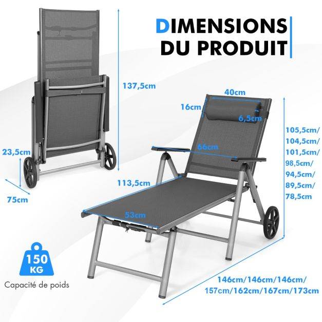 Helloshop26 - Chaise longue de jardin inclinable pliable en aluminium avec roulettes 7 dossier réglable appuie-tête amovible charge 150 kg noir - Imagen 5