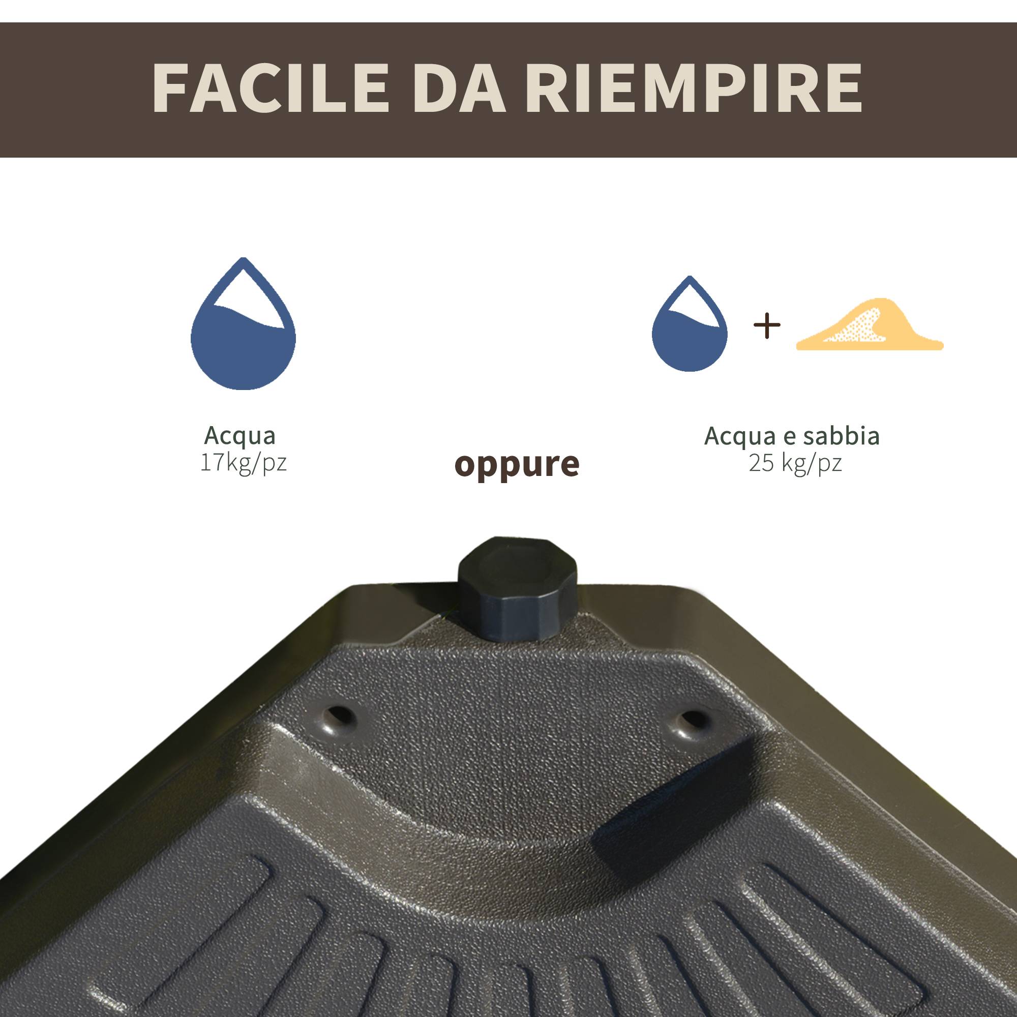 Set de 4 poids pour supports de parasol, base en HDPE, remplissable avec 68 kg d'eau ou 100 kg de sable et eau, 100x100x10,5 cm, café - Image 6