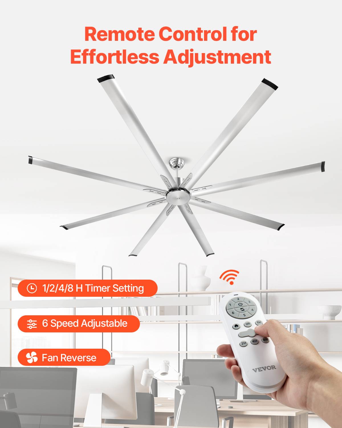 VEVOR Ventilateur plafond sans lumière 243 cm, 8 pales alu, télécommande, nickel brossé. - Image 5
