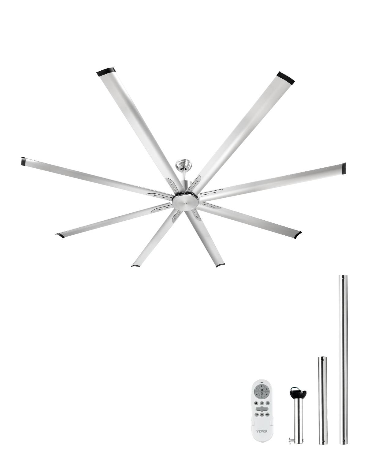 VEVOR Ventilateur plafond sans lumière 243 cm, 8 pales alu, télécommande, nickel brossé.
