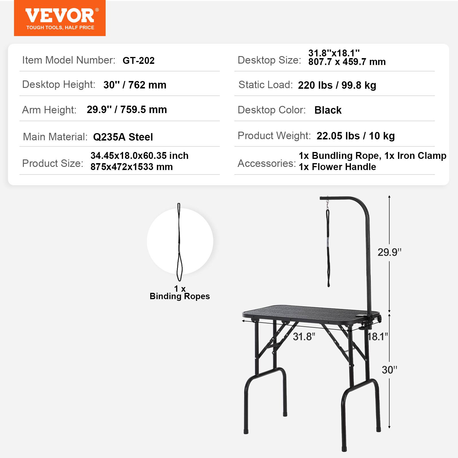 VEVOR Table toilettage chien pliable 807,7x459,7 mm, charge 99,8 kg, 1 potence. Pour petits/moyens chiens. - Image 7
