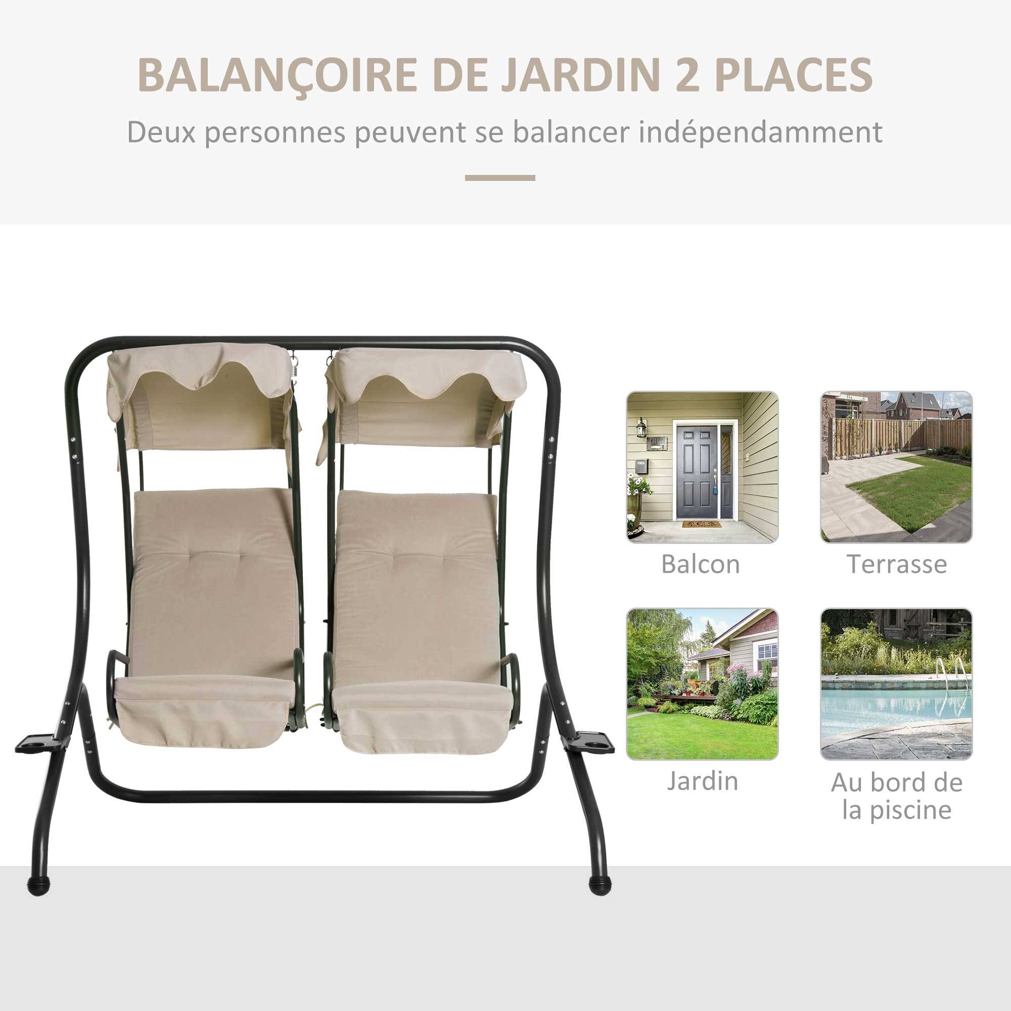 Outsunny - Balancelle de jardin 2 places indépendantes 2 tablettes supports coussins assise dossier grand confort acier noir polyester beige - Outsunny - Imagen 4