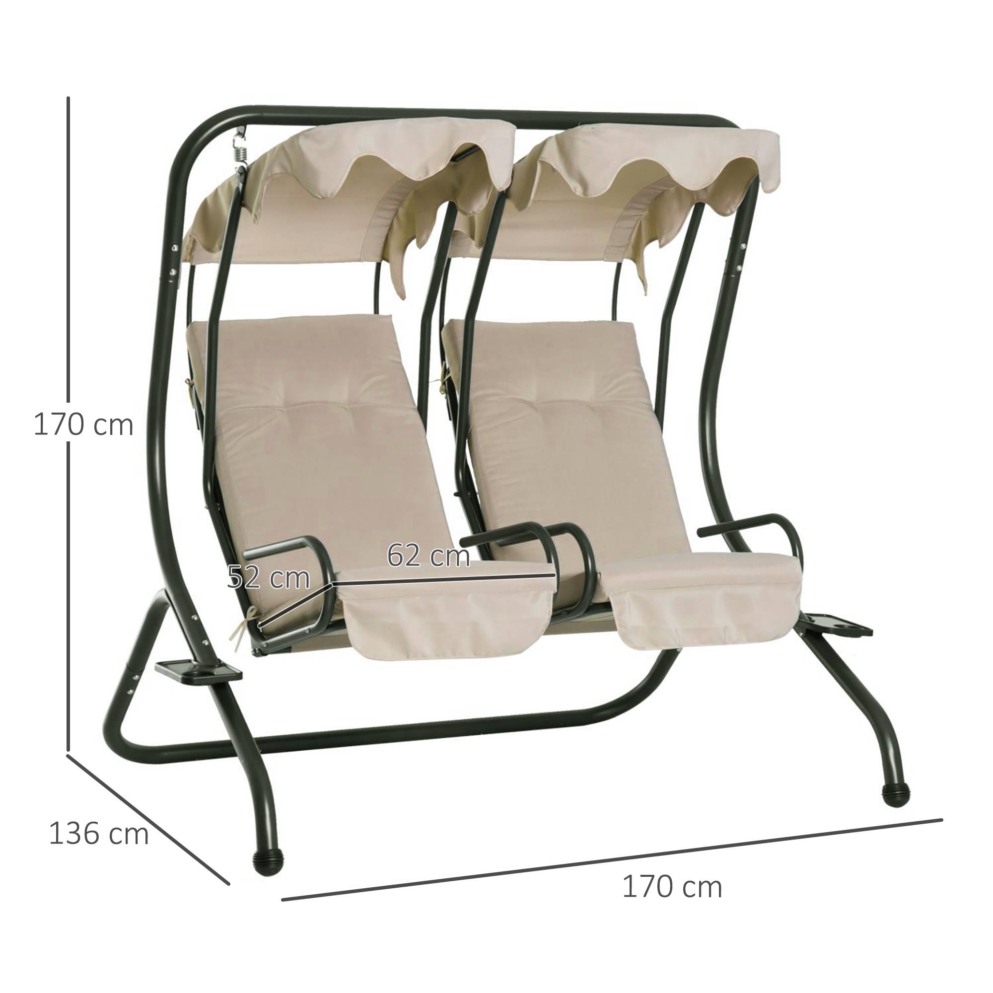 Outsunny - Balancelle de jardin 2 places indépendantes 2 tablettes supports coussins assise dossier grand confort acier noir polyester beige - Outsunny - Imagen 3