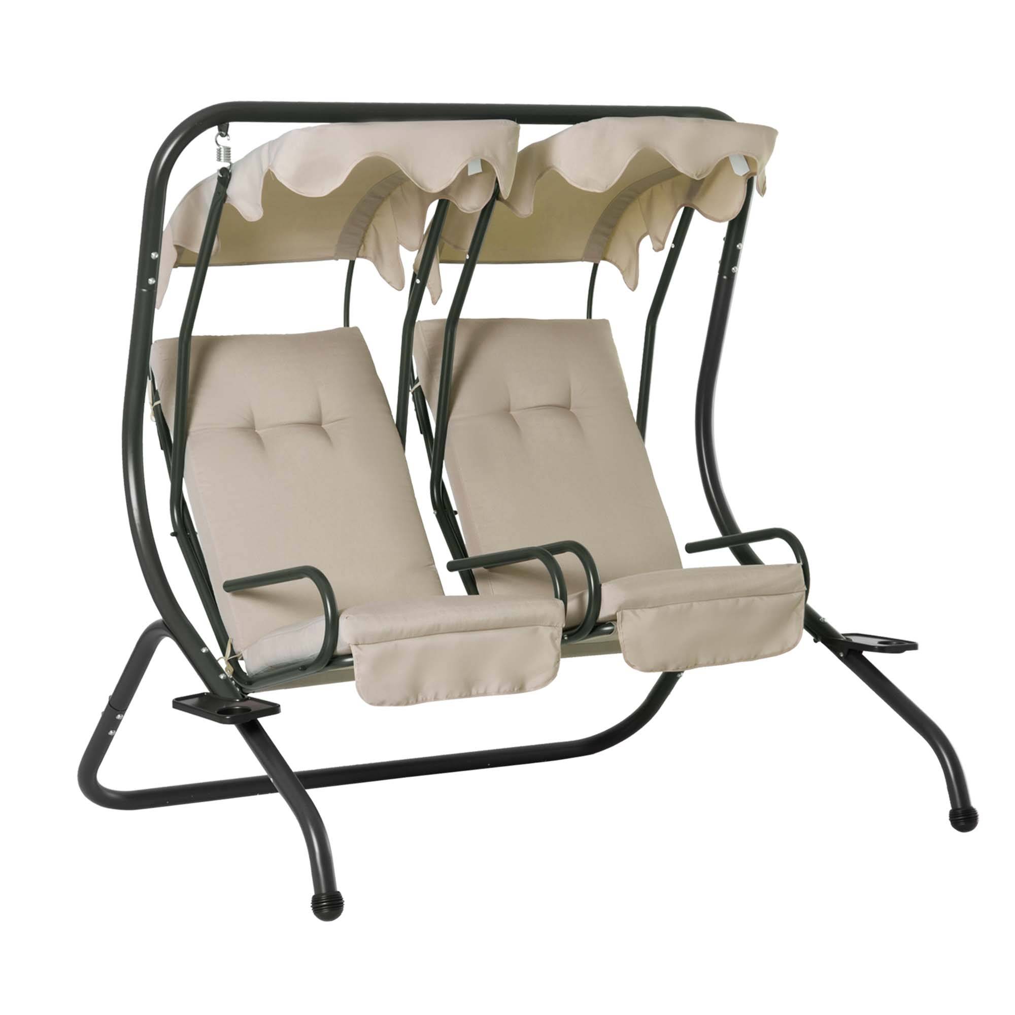 Outsunny - Balancelle de jardin 2 places indépendantes 2 tablettes supports coussins assise dossier grand confort acier noir polyester beige - Outsunny - Imagen 1