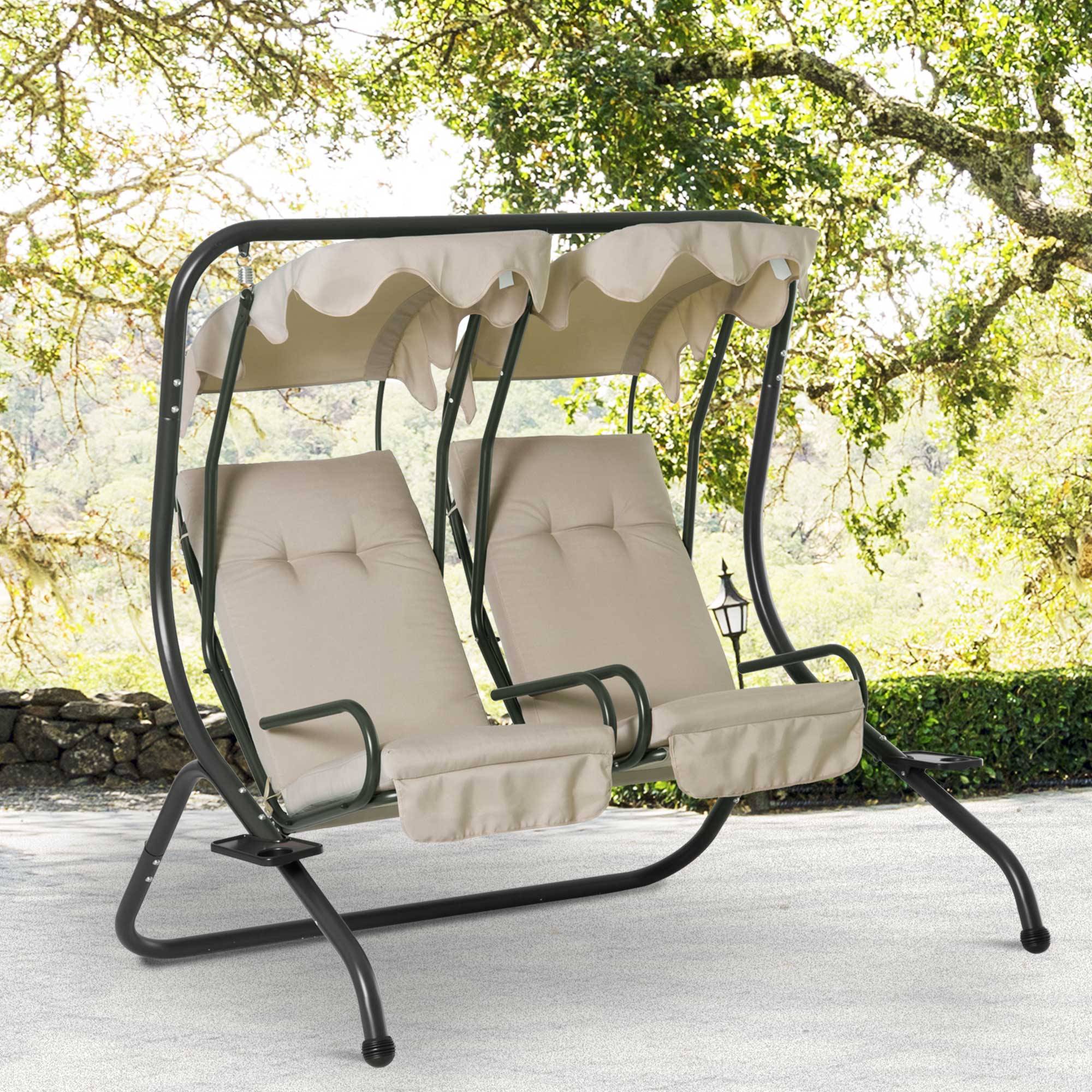 Outsunny - Balancelle de jardin 2 places indépendantes 2 tablettes supports coussins assise dossier grand confort acier noir polyester beige - Outsunny - Imagen 2