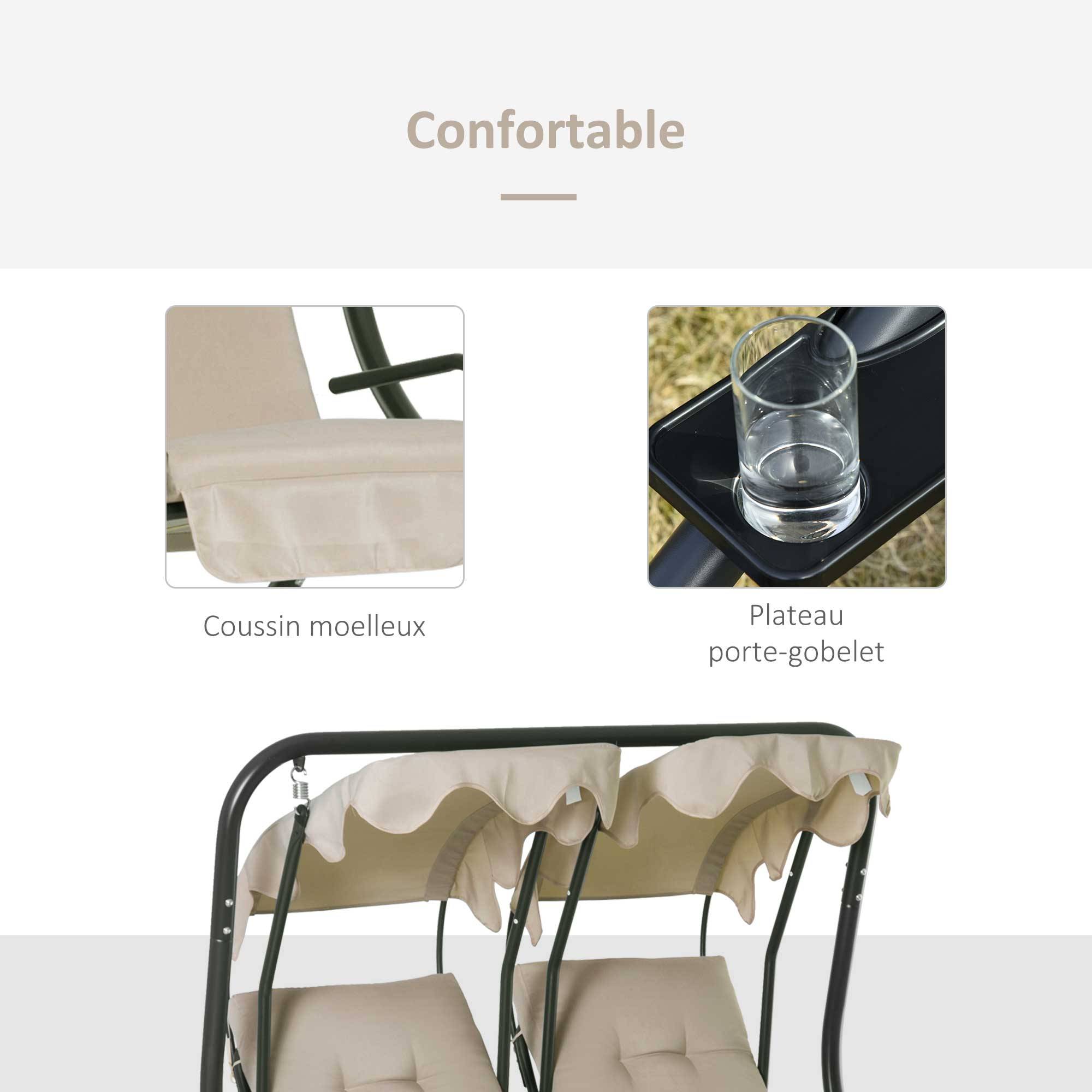 Outsunny - Balancelle de jardin 2 places indépendantes 2 tablettes supports coussins assise dossier grand confort acier noir polyester beige - Outsunny - Imagen 6