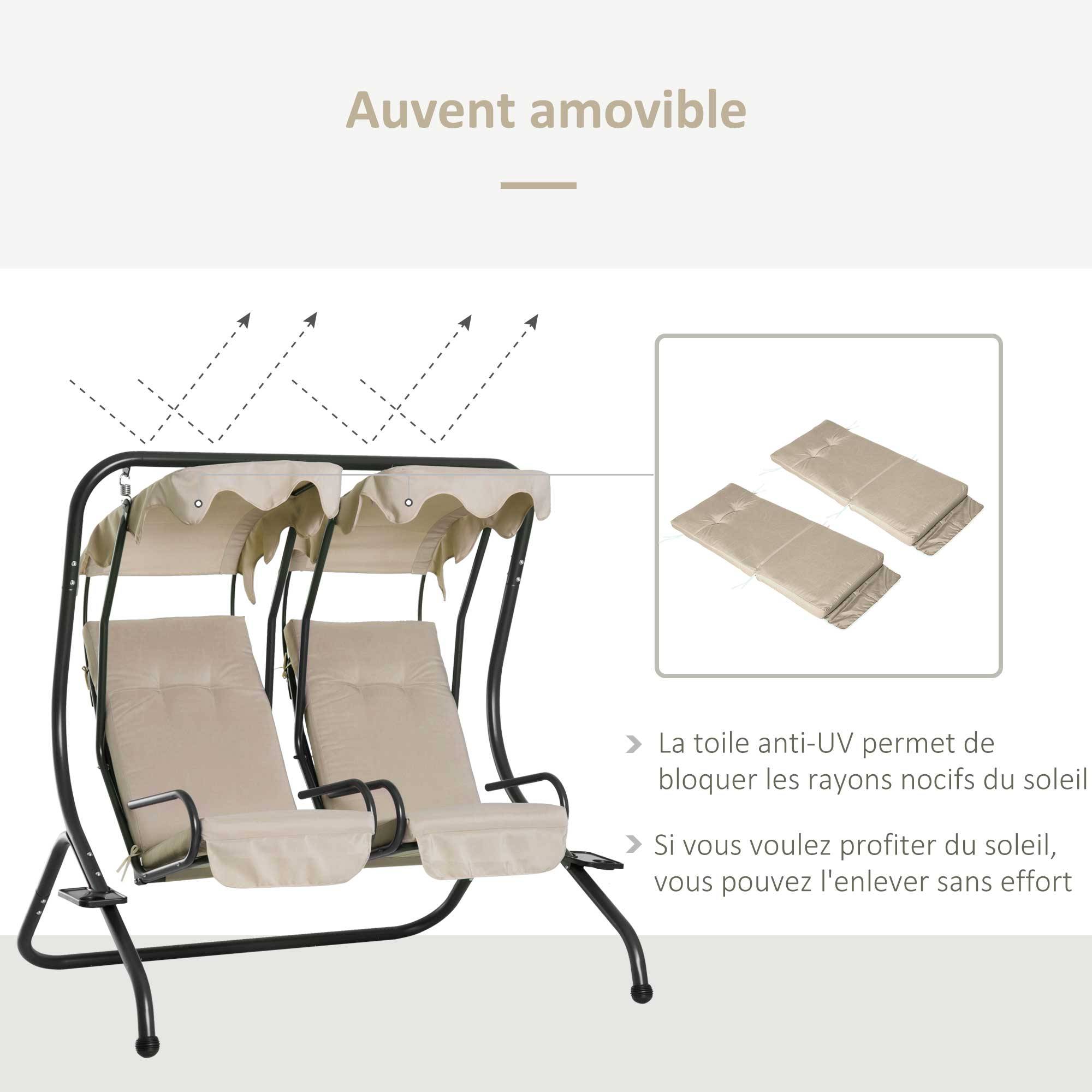 Outsunny - Balancelle de jardin 2 places indépendantes 2 tablettes supports coussins assise dossier grand confort acier noir polyester beige - Outsunny - Imagen 7