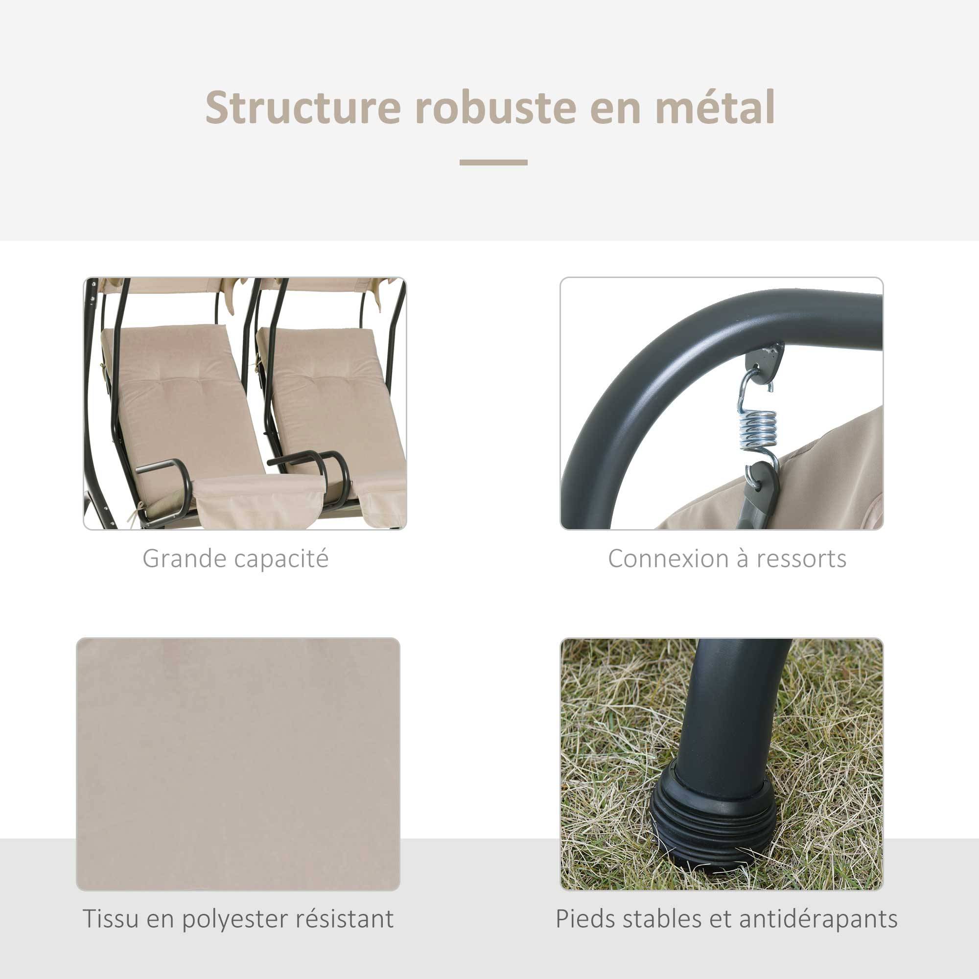Outsunny - Balancelle de jardin 2 places indépendantes 2 tablettes supports coussins assise dossier grand confort acier noir polyester beige - Outsunny - Imagen 5