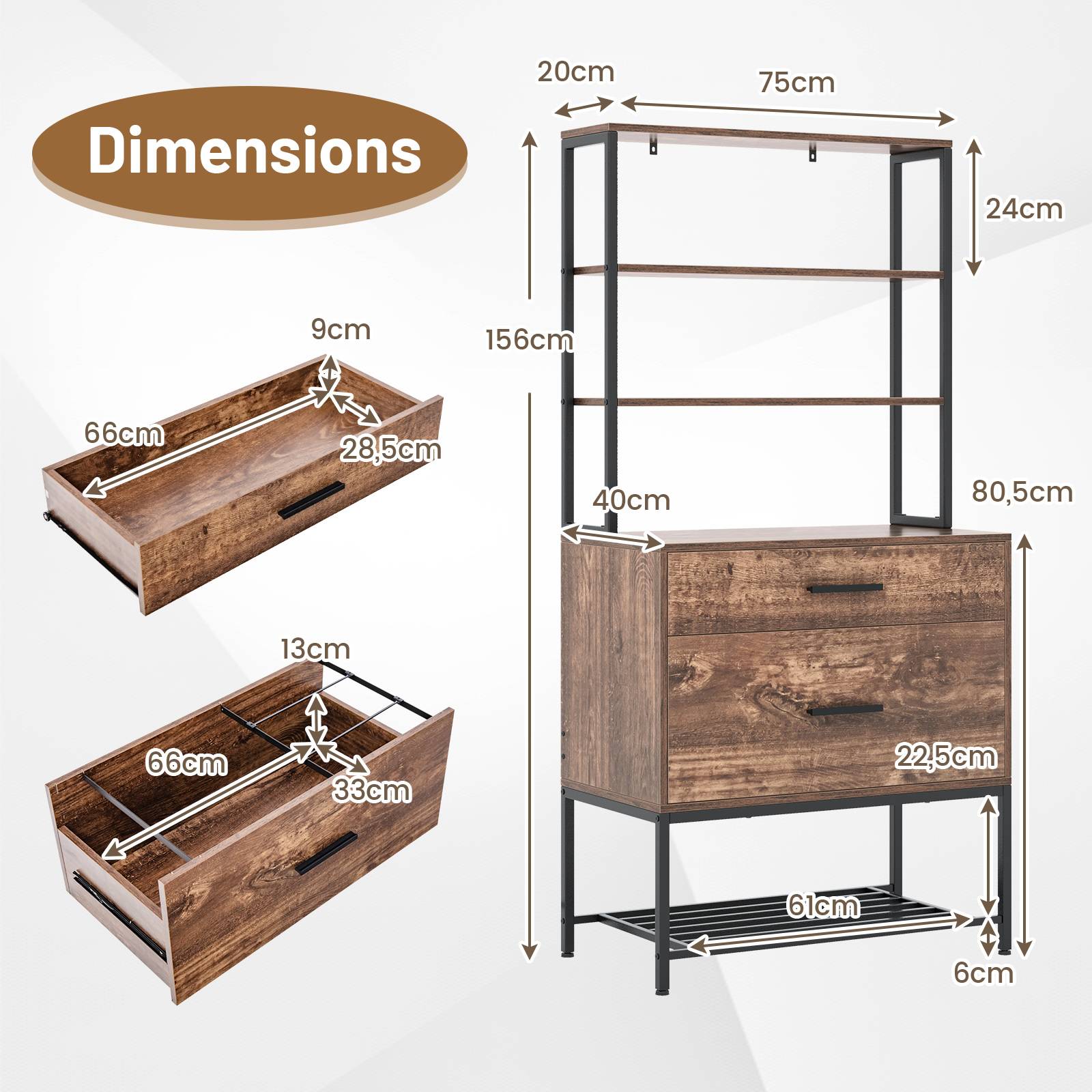 URLINE Support Imprimante Grand Format Avec 3 Étagères – Organiseur Bureau En Bois Rustique Sur Roulettes, Parfait Pour Imprimante, Scanner, Fax Et Rangement Maison/Bureau