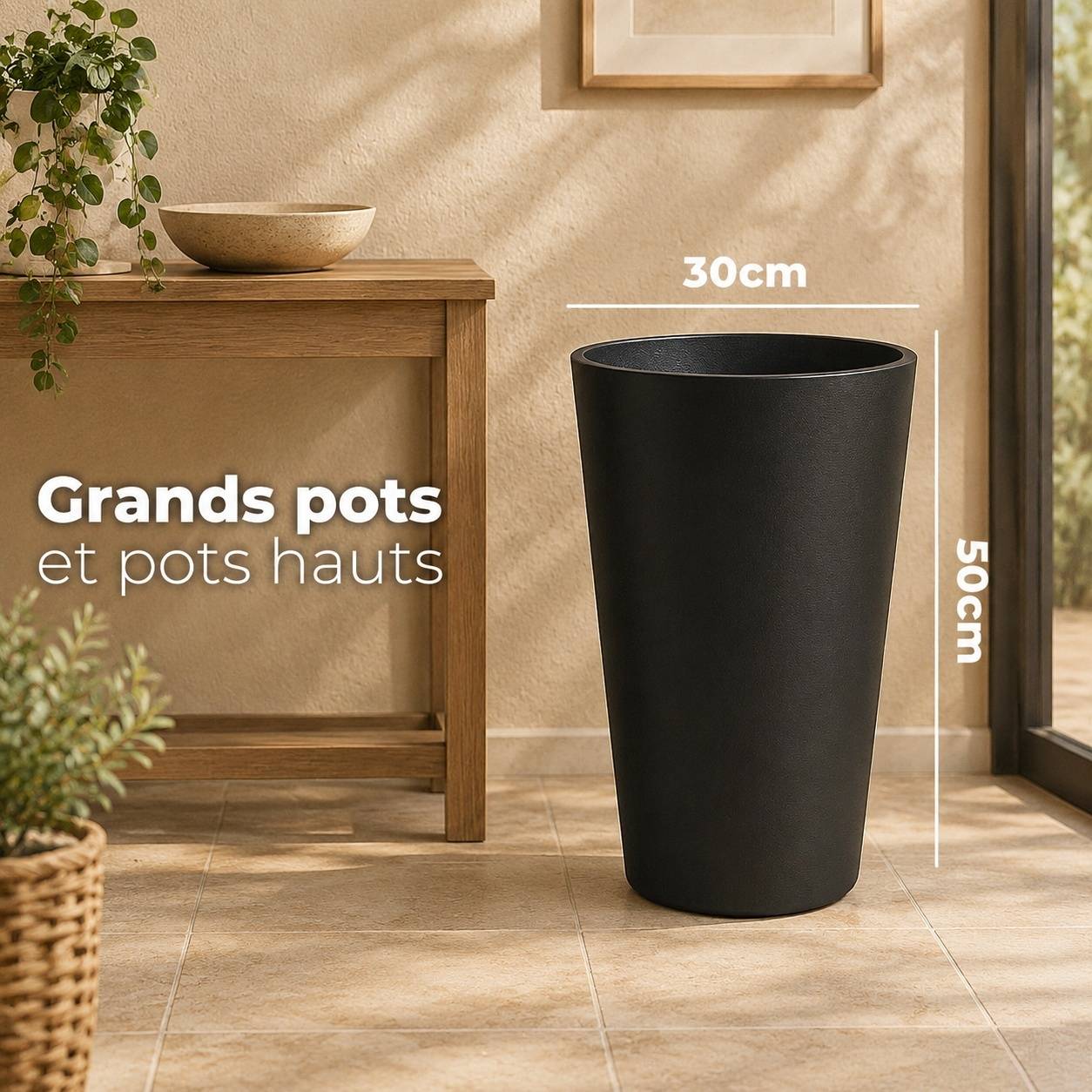 Lot de 2 Pots de Fleurs Plastiques Hauts Modernes Résistants Intérieur Extérieur - Image 2