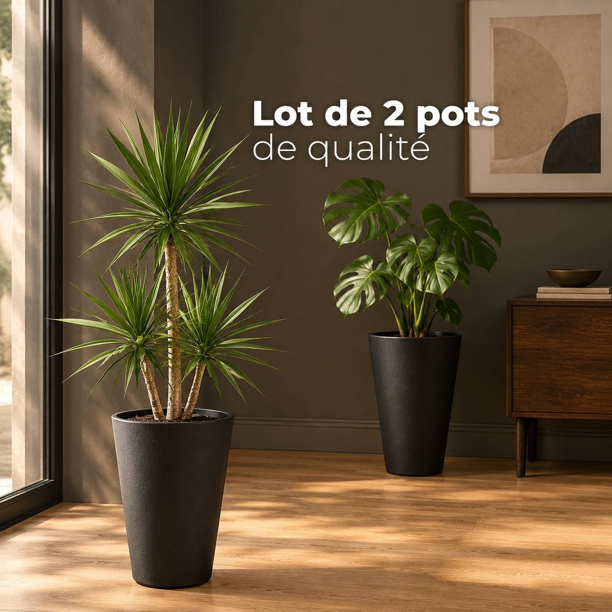 Lot de 2 Pots de Fleurs Plastiques Hauts Modernes Résistants Intérieur Extérieur - Image 6