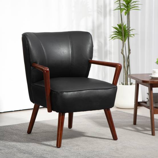 Fauteuil d'appoint, assise large, aspect cuir, structure en bois, jusqu'à 120 kg, 67 x 77 x 80 cm, noir - Image 4