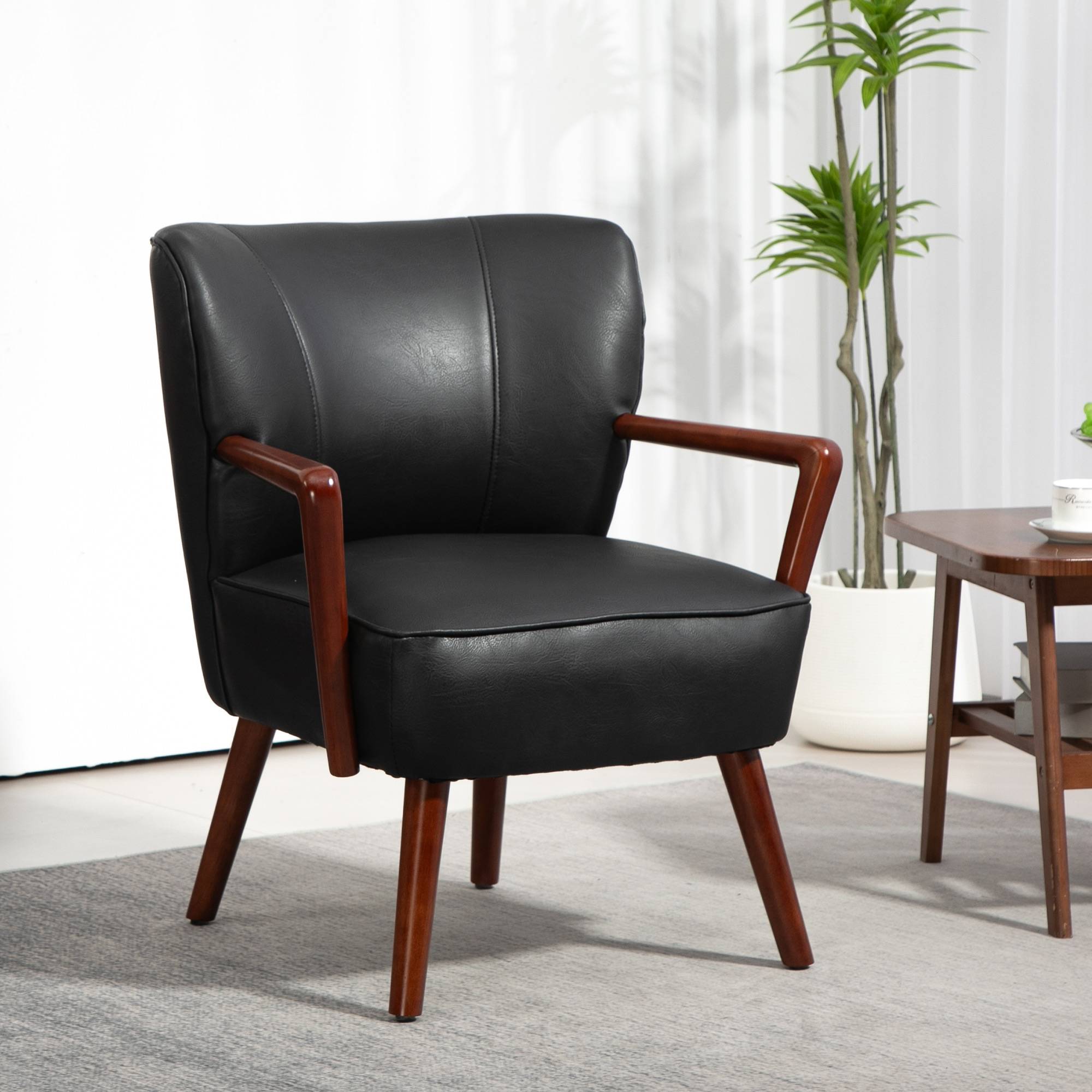 Fauteuil d'appoint, assise large, aspect cuir, structure en bois, jusqu'à 120 kg, 67 x 77 x 80 cm, noir - Image 4