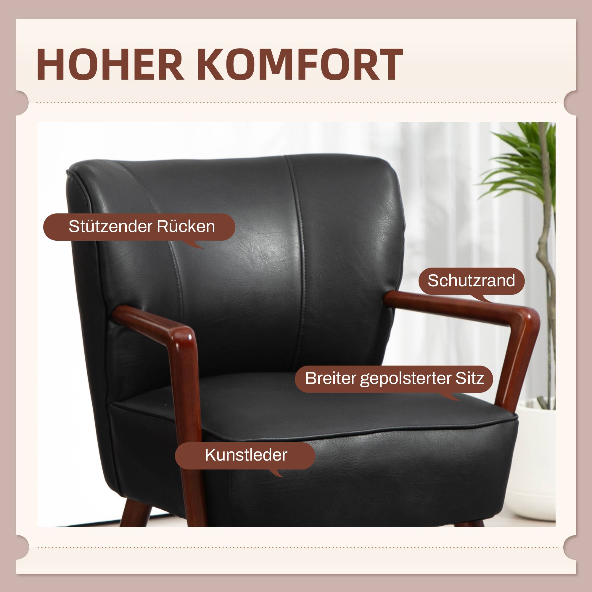 Fauteuil d'appoint, assise large, aspect cuir, structure en bois, jusqu'à 120 kg, 67 x 77 x 80 cm, noir - Image 6