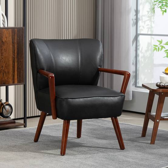 Fauteuil d'appoint, assise large, aspect cuir, structure en bois, jusqu'à 120 kg, 67 x 77 x 80 cm, noir - Image 3
