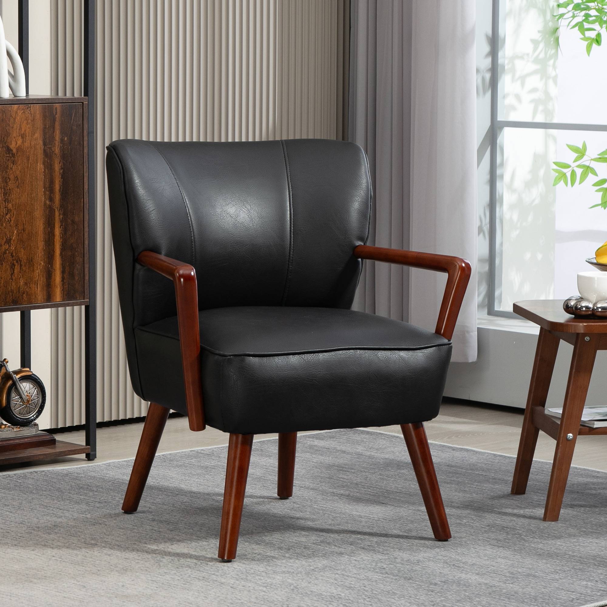 Fauteuil d'appoint, assise large, aspect cuir, structure en bois, jusqu'à 120 kg, 67 x 77 x 80 cm, noir - Image 3