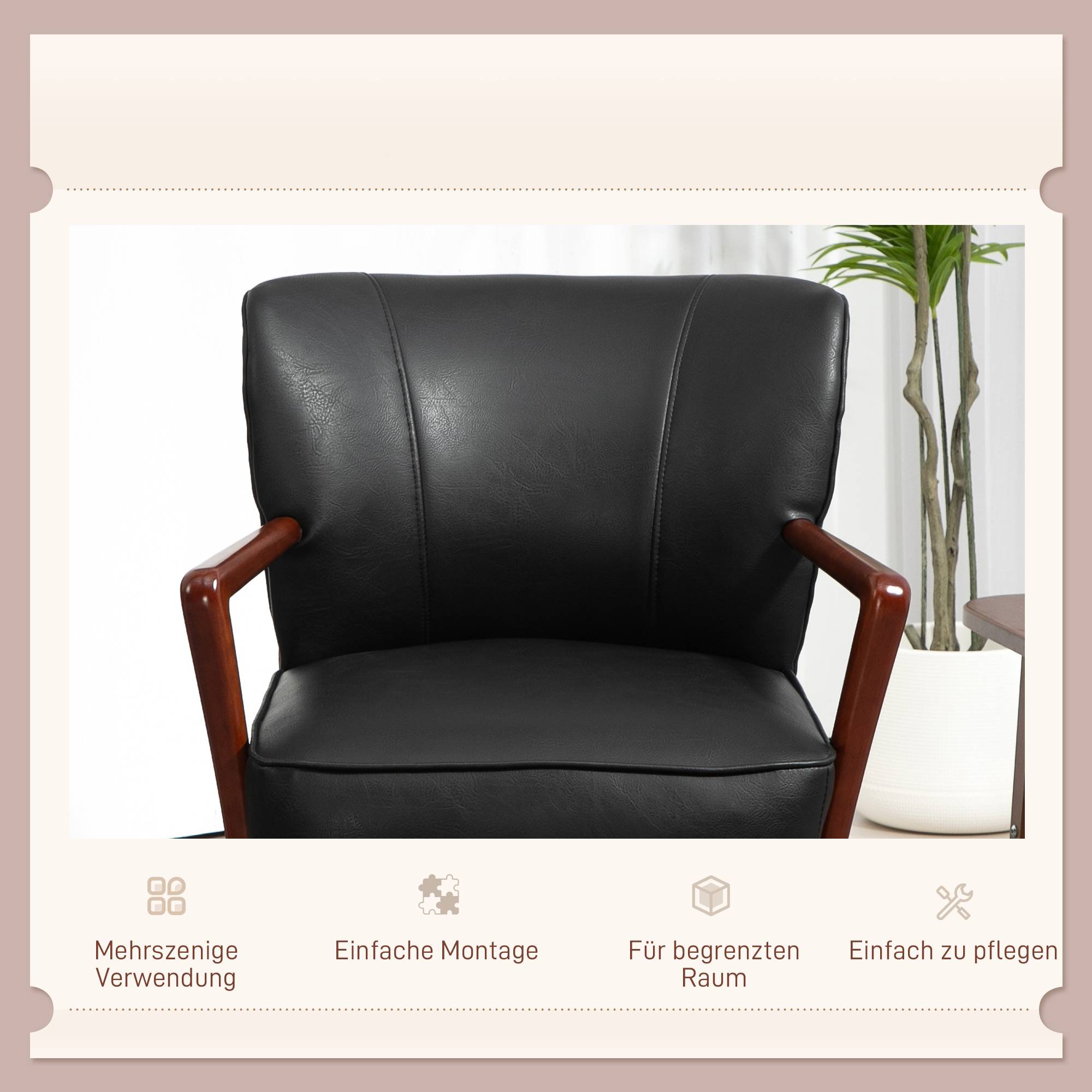 Fauteuil d'appoint, assise large, aspect cuir, structure en bois, jusqu'à 120 kg, 67 x 77 x 80 cm, noir - Image 8