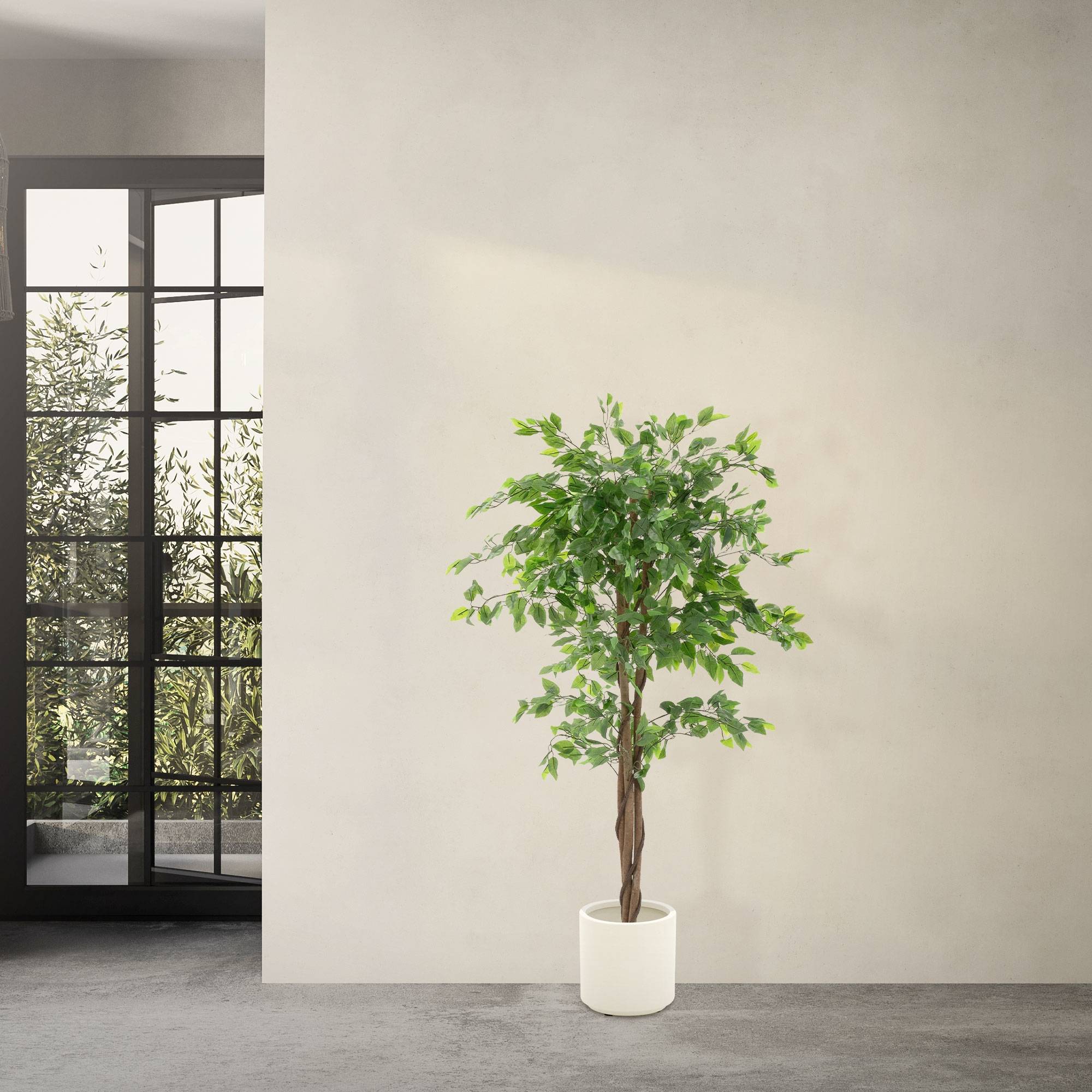 Plante artificielle ficus 150 cm faux arbre décoratif verte imitation réaliste avec tronc en bois naturel pot inclus intérieur extérieur en plastique - Image 7