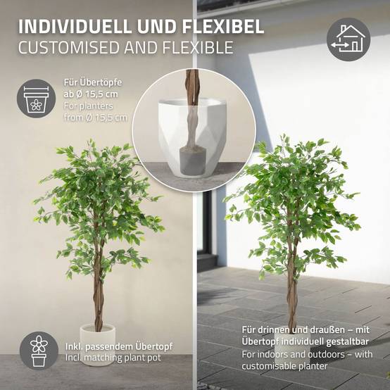 Plante artificielle ficus 150 cm faux arbre décoratif verte imitation réaliste avec tronc en bois naturel pot inclus intérieur extérieur en plastique - Image 4