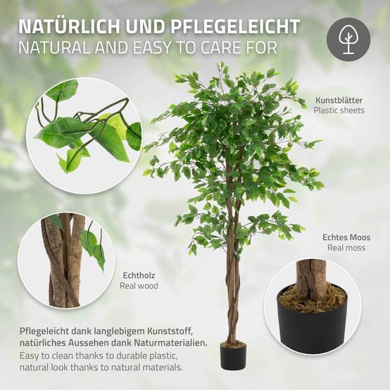 Plante artificielle ficus 150 cm faux arbre décoratif verte imitation réaliste avec tronc en bois naturel pot inclus intérieur extérieur en plastique - Image 3