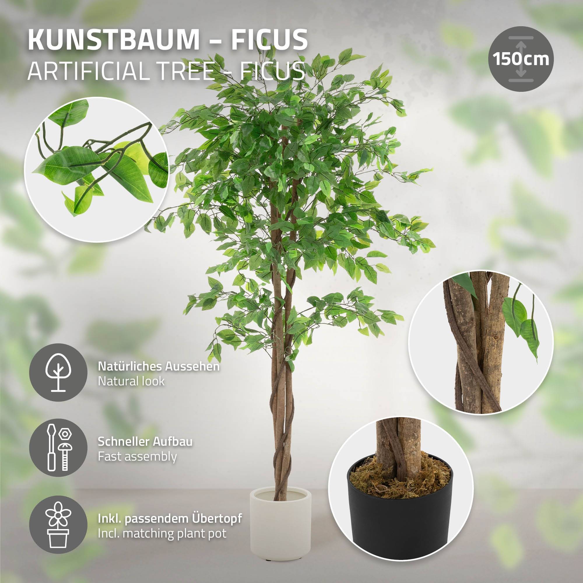 Plante artificielle ficus 150 cm faux arbre décoratif verte imitation réaliste avec tronc en bois naturel pot inclus intérieur extérieur en plastique - Image 2