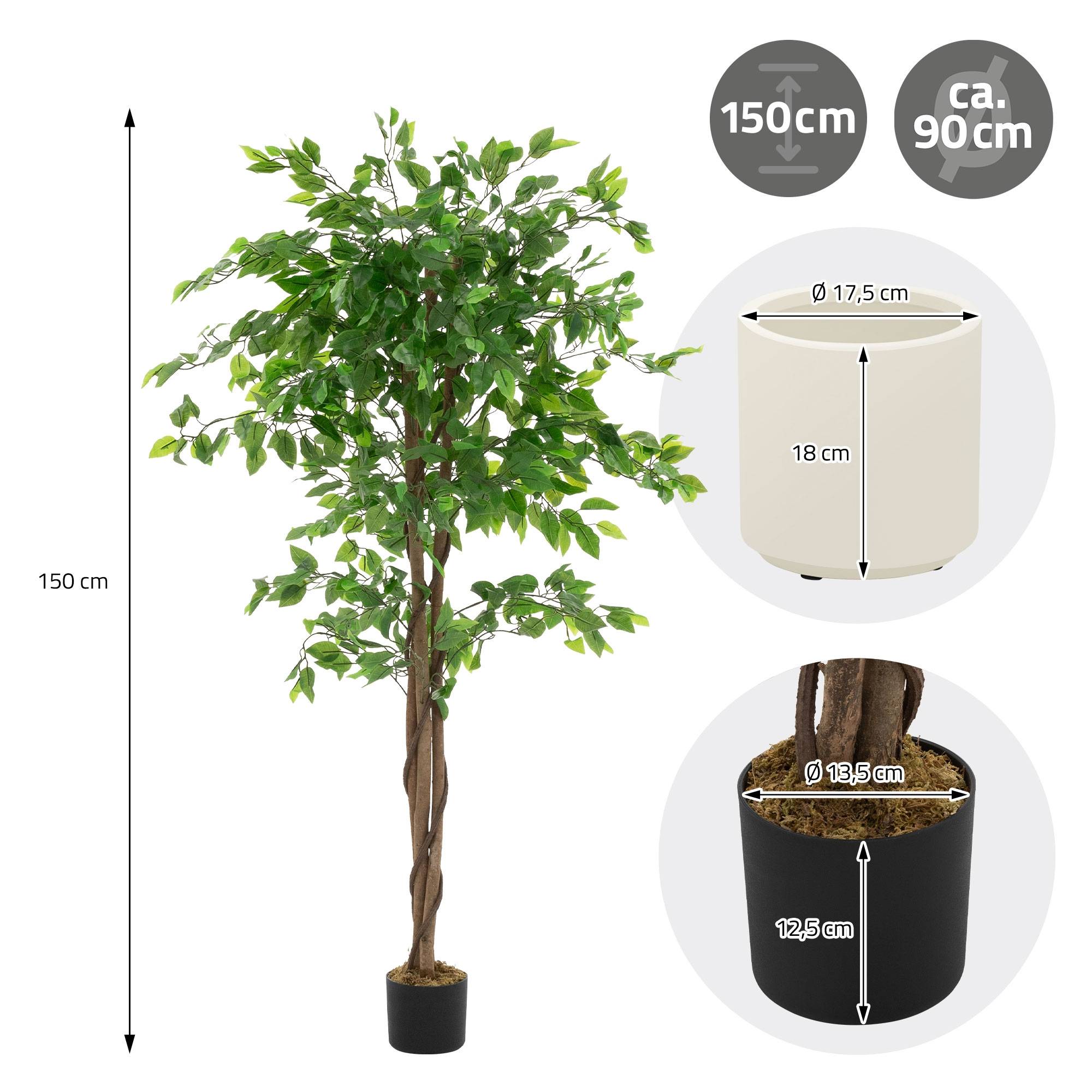 Plante artificielle ficus 150 cm faux arbre décoratif verte imitation réaliste avec tronc en bois naturel pot inclus intérieur extérieur en plastique - Image 6