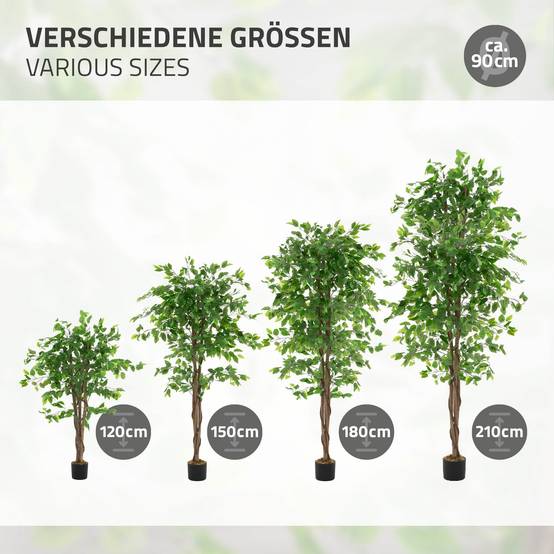 Plante artificielle ficus 150 cm faux arbre décoratif verte imitation réaliste avec tronc en bois naturel pot inclus intérieur extérieur en plastique - Image 5