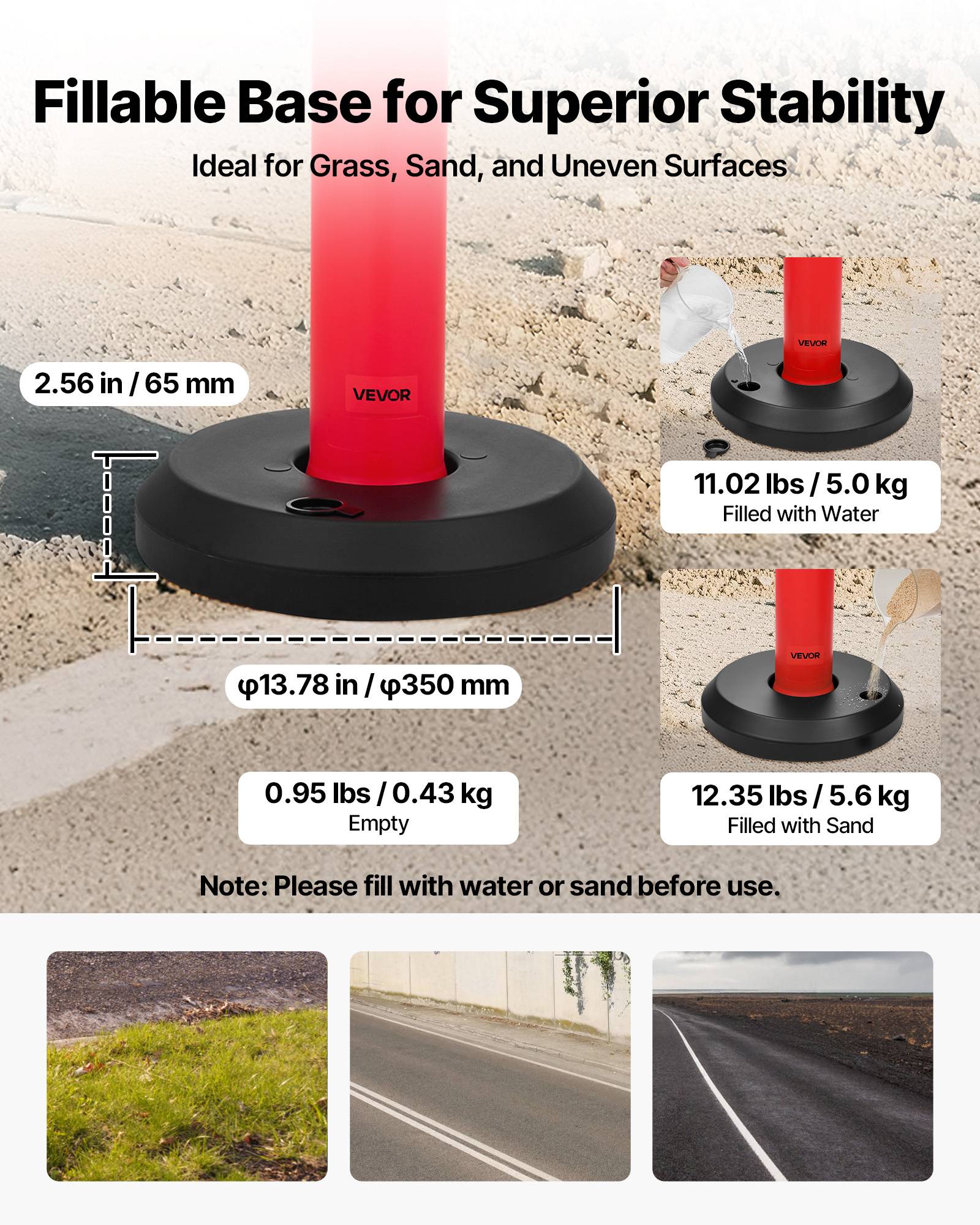 VEVOR Poteau de Signalisation Balise 2PCs 114 cm avec Base Remplissable Rouge - Image 3