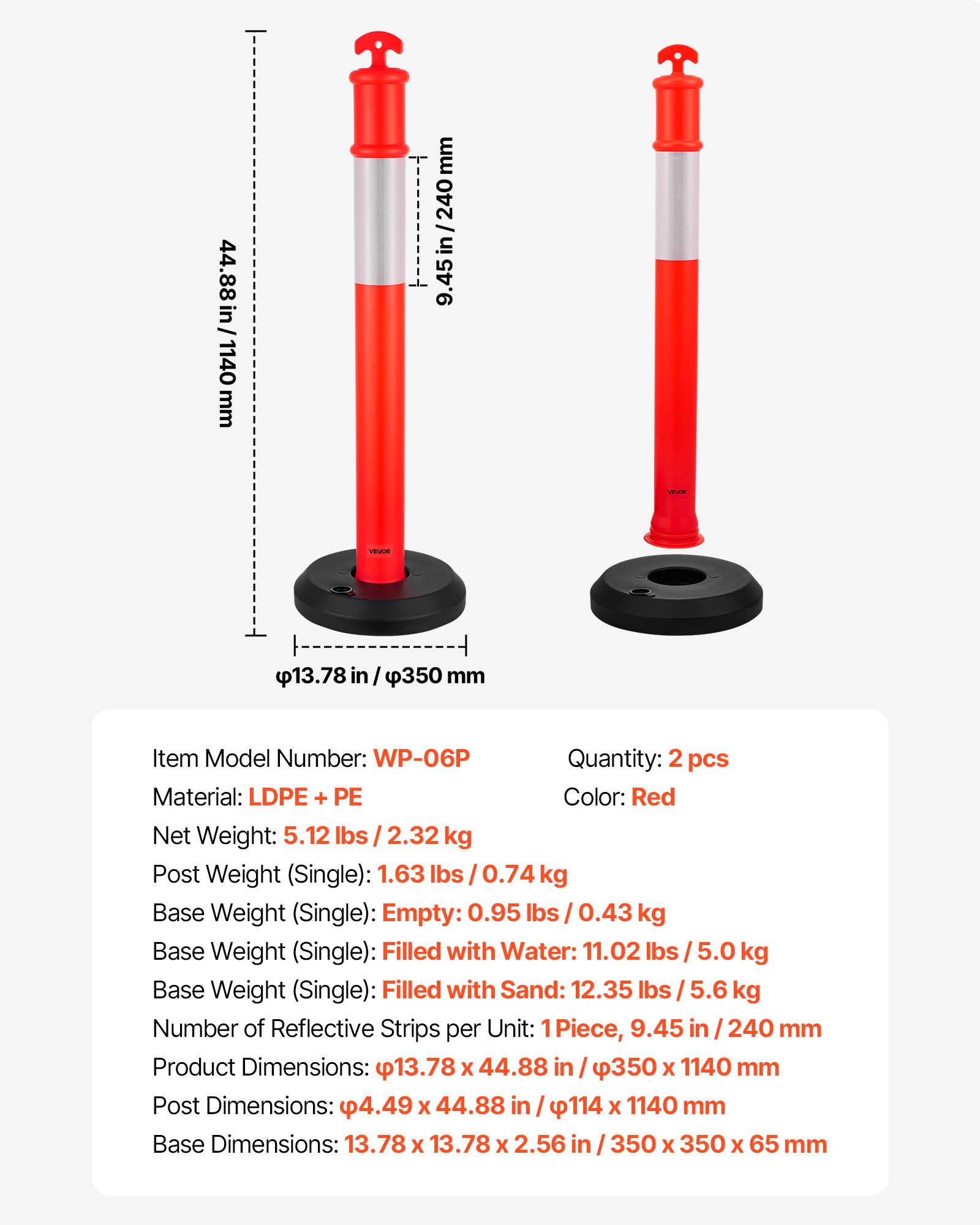VEVOR Poteau de Signalisation Balise 2PCs 114 cm avec Base Remplissable Rouge - Image 7