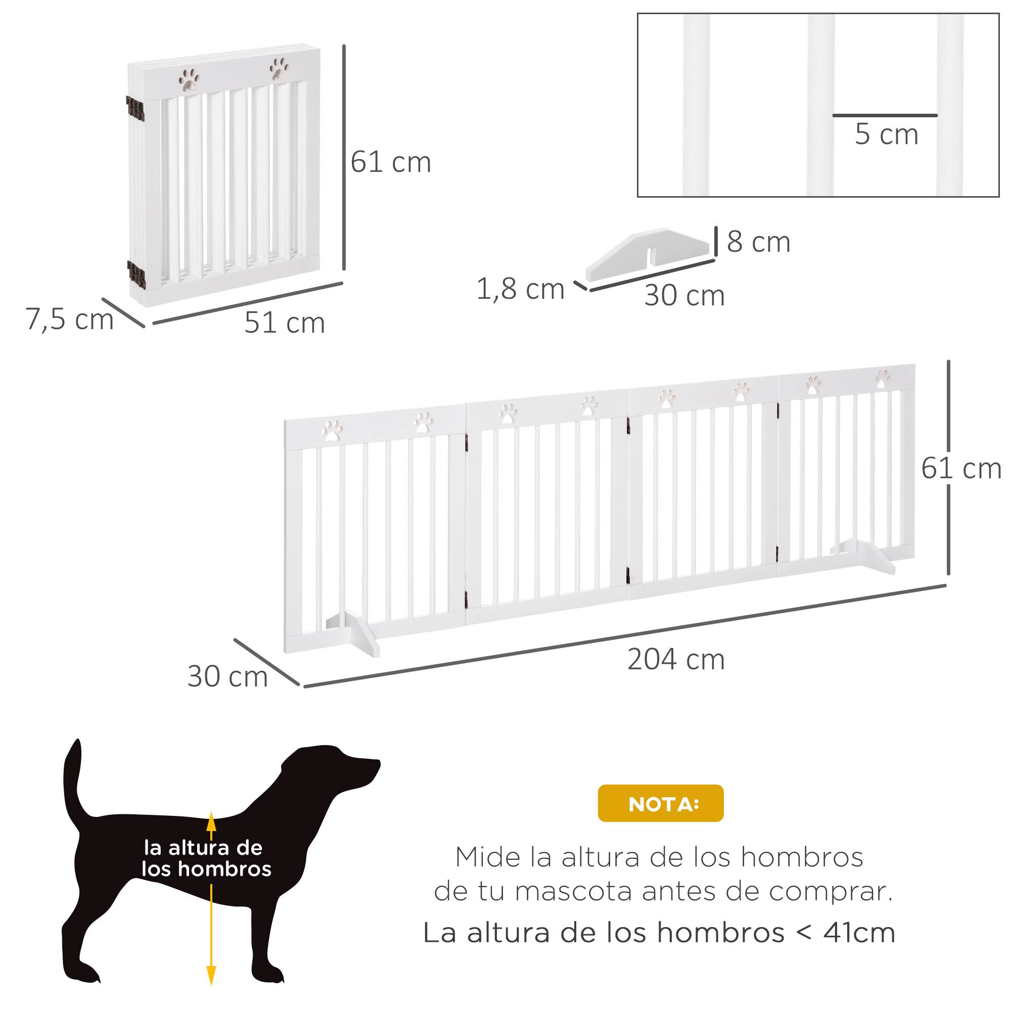 Barrière de sécurité pliable pour chien à 4 panneaux, 204 x 61 cm, avec cadre en bois et pieds de support, blanche, pour couloir et escaliers. - Image 5