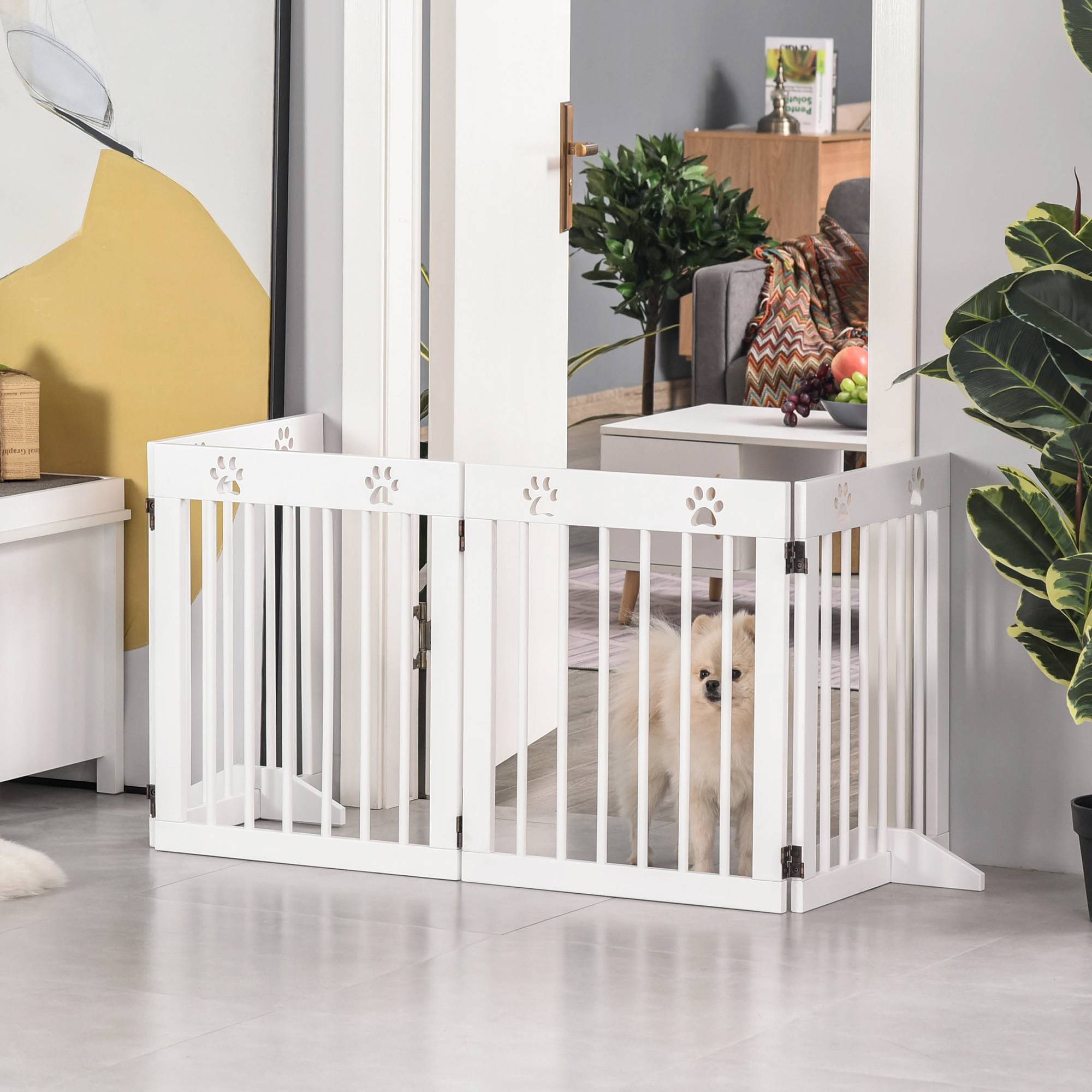 Barrière de sécurité pliable pour chien à 4 panneaux, 204 x 61 cm, avec cadre en bois et pieds de support, blanche, pour couloir et escaliers. - Image 3