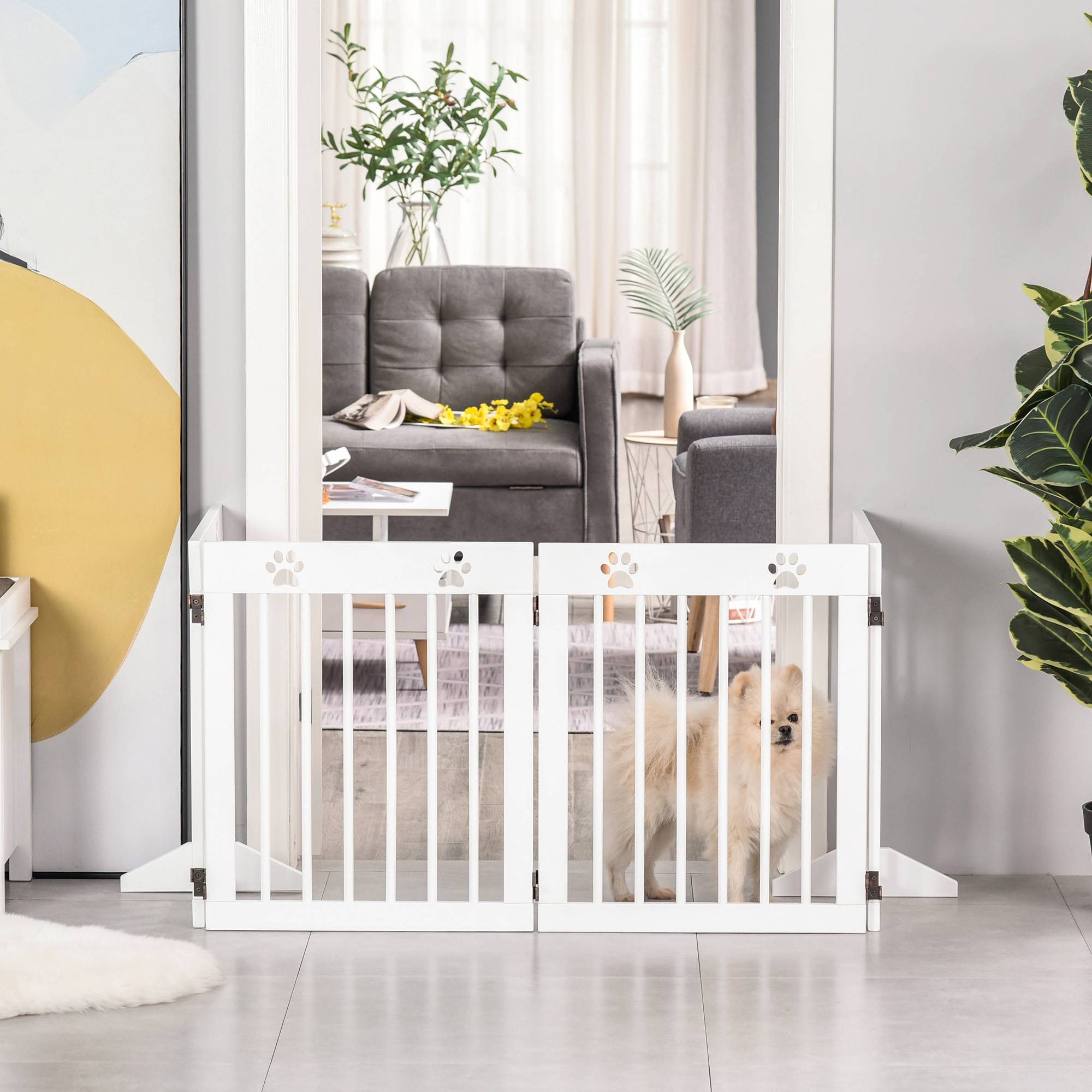 Barrière de sécurité pliable pour chien à 4 panneaux, 204 x 61 cm, avec cadre en bois et pieds de support, blanche, pour couloir et escaliers. - Image 9