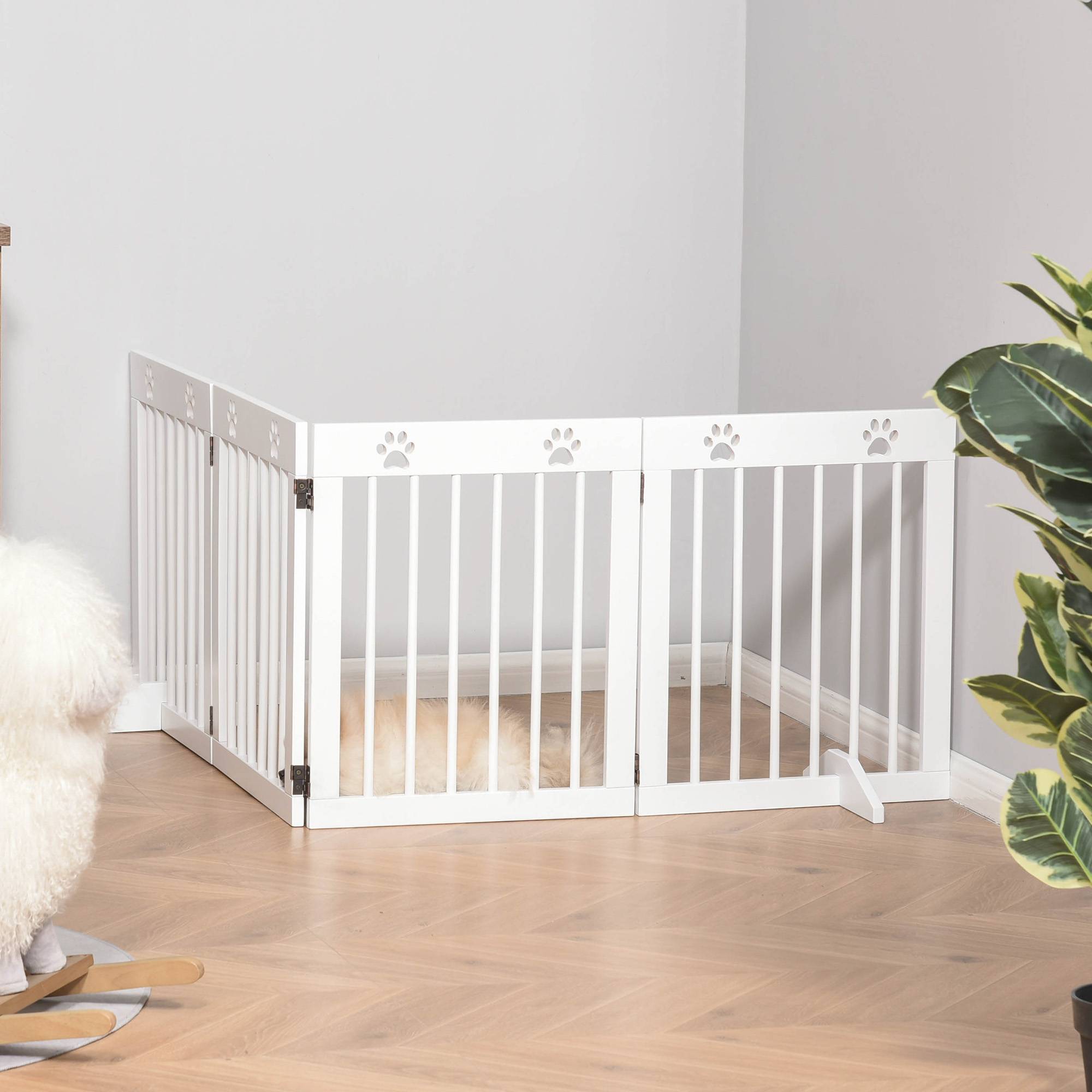 Barrière de sécurité pliable pour chien à 4 panneaux, 204 x 61 cm, avec cadre en bois et pieds de support, blanche, pour couloir et escaliers. - Image 4