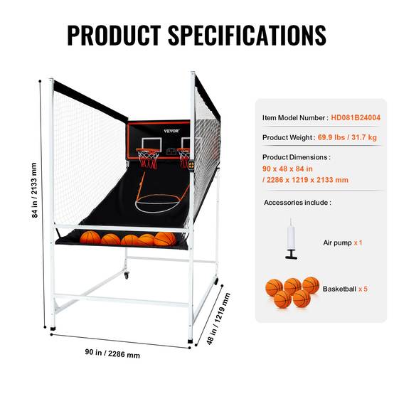 Vevor - VEVOR Jeu arcade basketball, 2 joueurs, double panier, 5 ballons, 8 modes. Pompe gonflage, noir/blanc. - Image 7