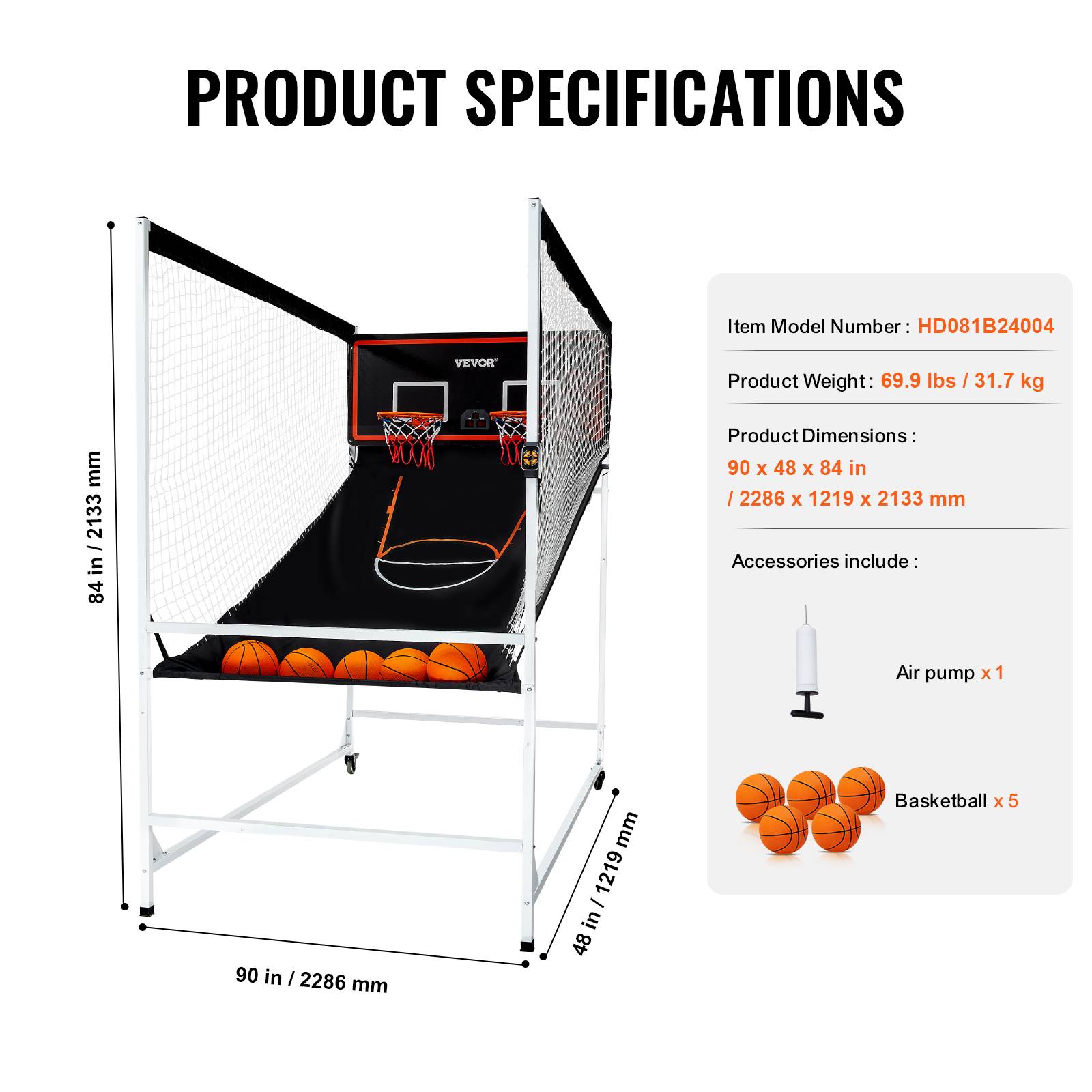 VEVOR Jeu arcade basketball, 2 joueurs, double panier, 5 ballons, 8 modes. Pompe gonflage, noir/blanc. - Image 7