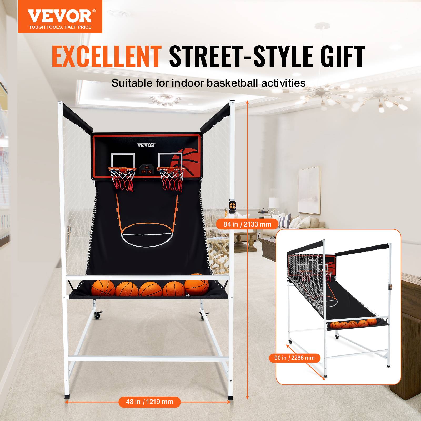 VEVOR Jeu arcade basketball, 2 joueurs, double panier, 5 ballons, 8 modes. Pompe gonflage, noir/blanc. - Image 2