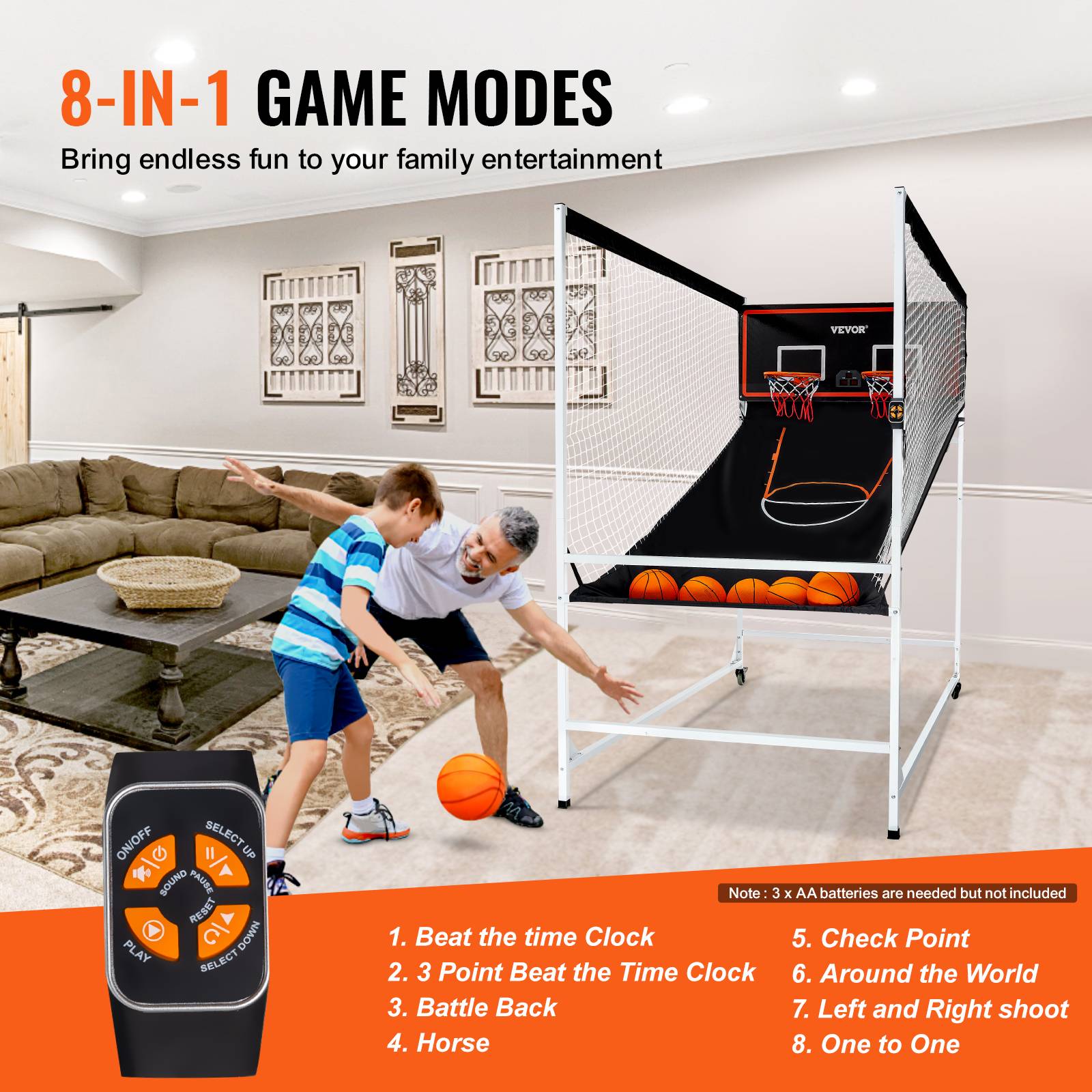 VEVOR Jeu arcade basketball, 2 joueurs, double panier, 5 ballons, 8 modes. Pompe gonflage, noir/blanc. - Image 4