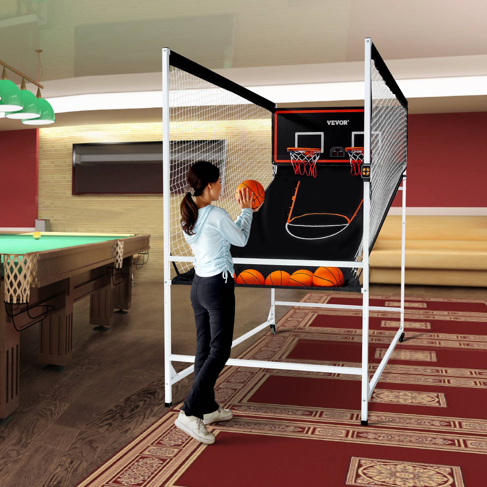 VEVOR Jeu arcade basketball, 2 joueurs, double panier, 5 ballons, 8 modes. Pompe gonflage, noir/blanc. - Image 8