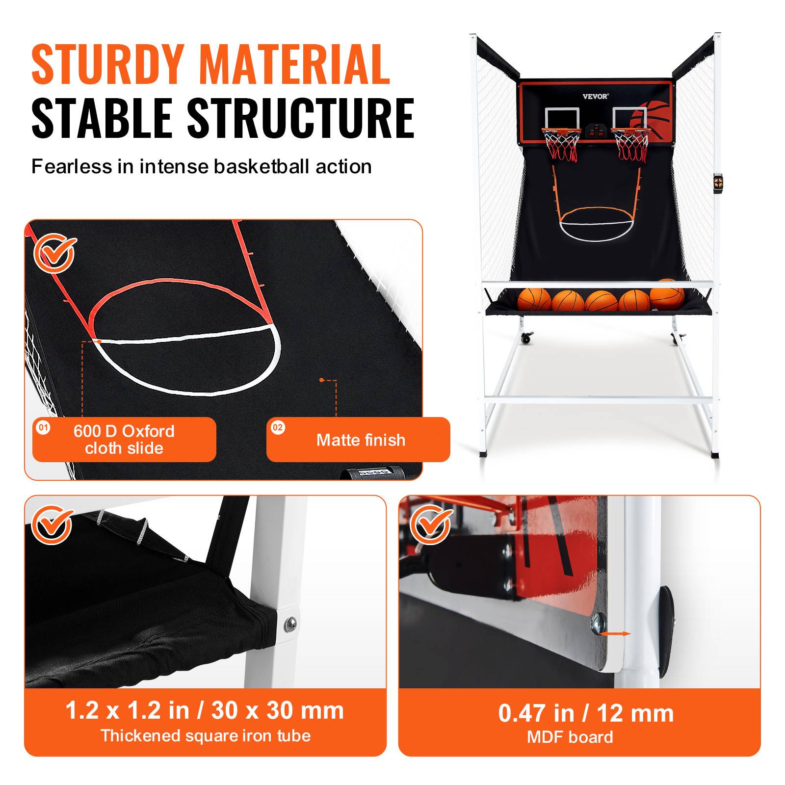 VEVOR Jeu arcade basketball, 2 joueurs, double panier, 5 ballons, 8 modes. Pompe gonflage, noir/blanc. - Image 3