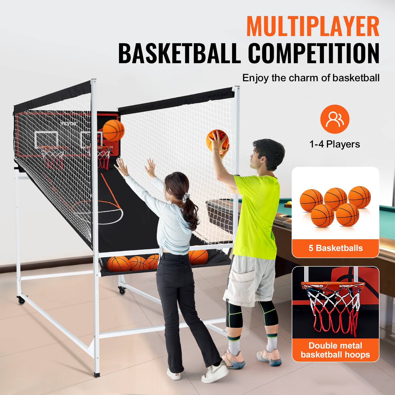 VEVOR Jeu arcade basketball, 2 joueurs, double panier, 5 ballons, 8 modes. Pompe gonflage, noir/blanc. - Image 5