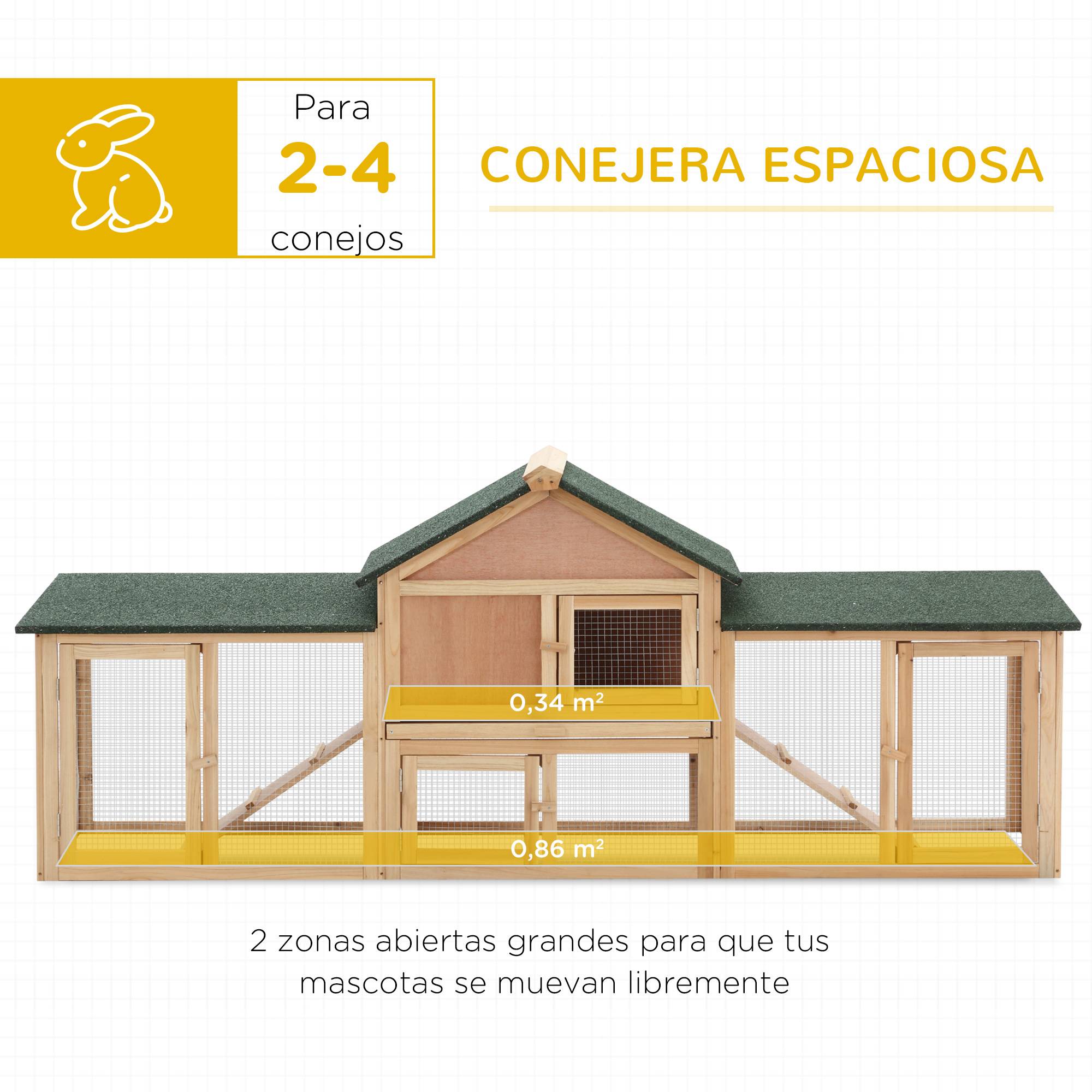 Clapier Extérieur en Bois pour 2–4 Lapins avec Toit Asphalte, Enclos Grillagé, Bac Amovible et Rampes, 210 x 45,5 x 84,5 cm, Naturel/Vert - Image 7