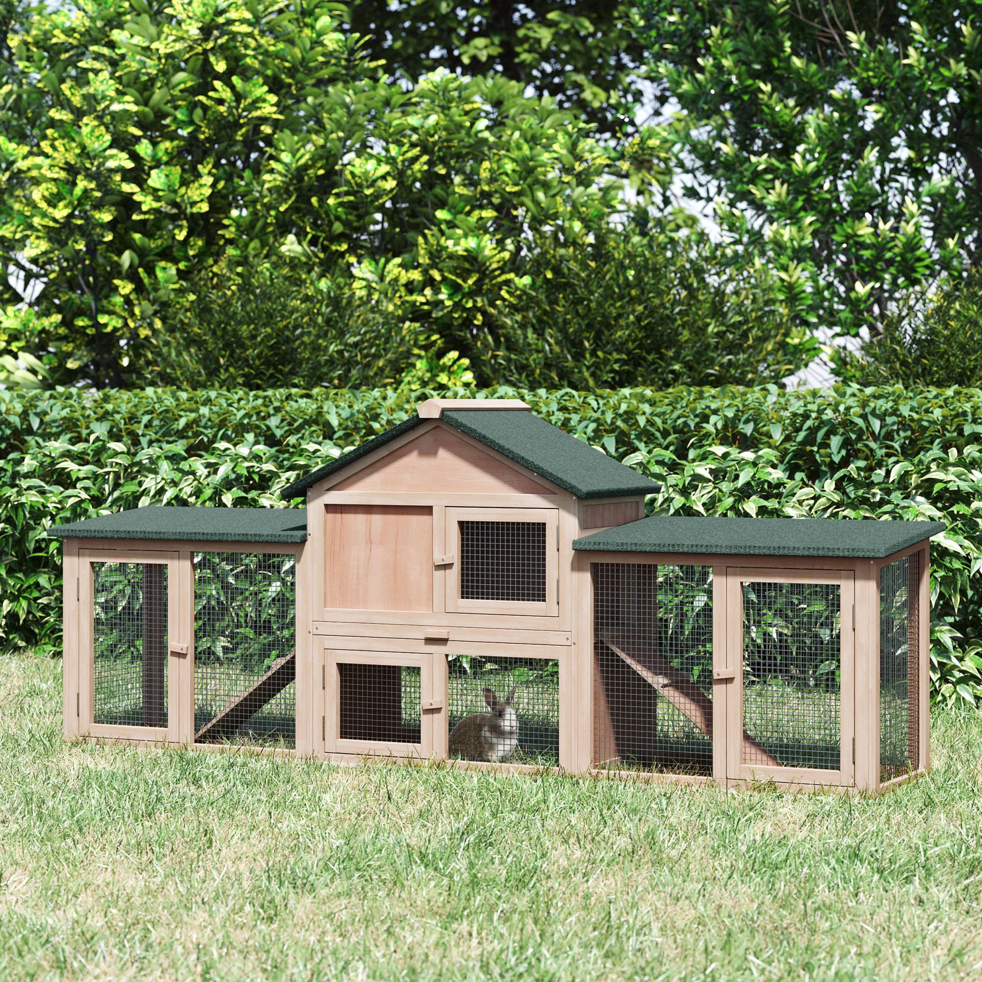 Clapier Extérieur en Bois pour 2–4 Lapins avec Toit Asphalte, Enclos Grillagé, Bac Amovible et Rampes, 210 x 45,5 x 84,5 cm, Naturel/Vert - Image 4