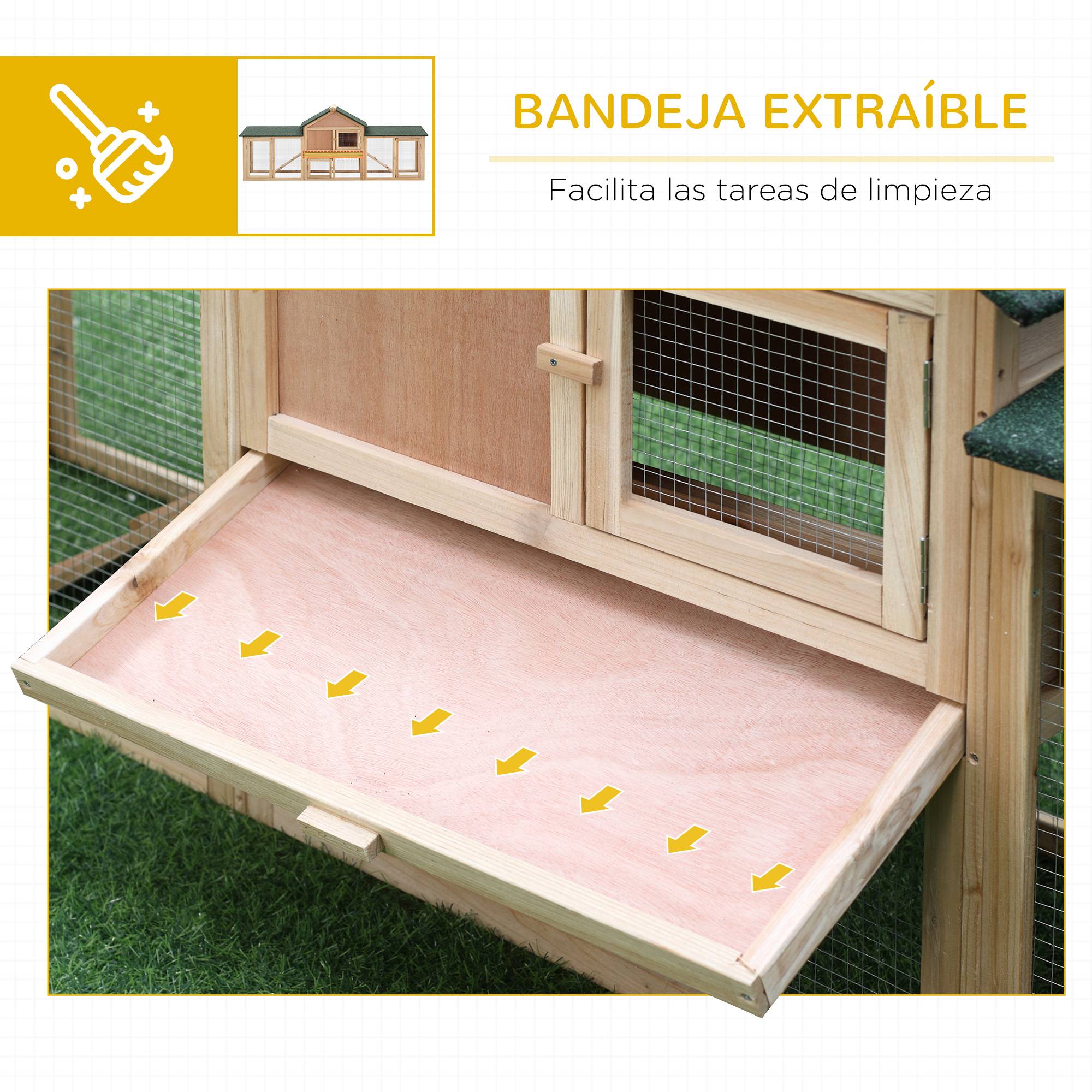 Clapier Extérieur en Bois pour 2–4 Lapins avec Toit Asphalte, Enclos Grillagé, Bac Amovible et Rampes, 210 x 45,5 x 84,5 cm, Naturel/Vert - Image 8