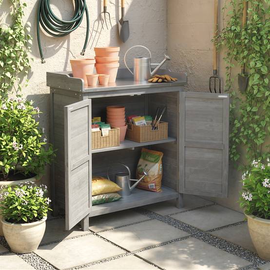 ComfortXL - Armoire de jardin en sapin gris 83 x 40 x 92 cm avec table de rempotage plateau galvanisé et 2 étagères - Image 8