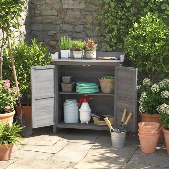 ComfortXL - Armoire de jardin en sapin gris 83 x 40 x 92 cm avec table de rempotage plateau galvanisé et 2 étagères - Image 1