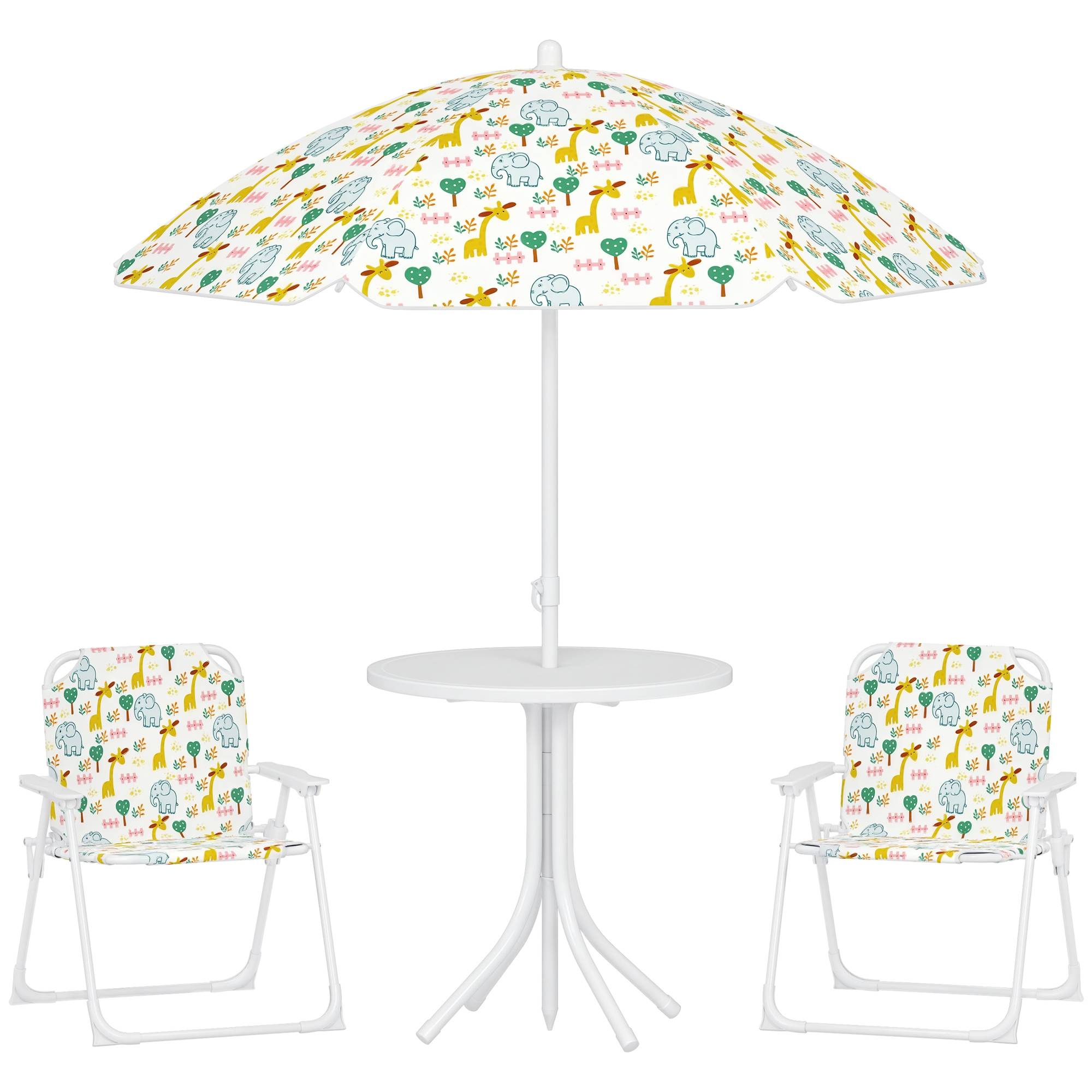Ensemble table et chaises de jardin pour enfants, 4 pièces, chaises pliantes, parasol réglable, motif éléphant, blanc - Image 1