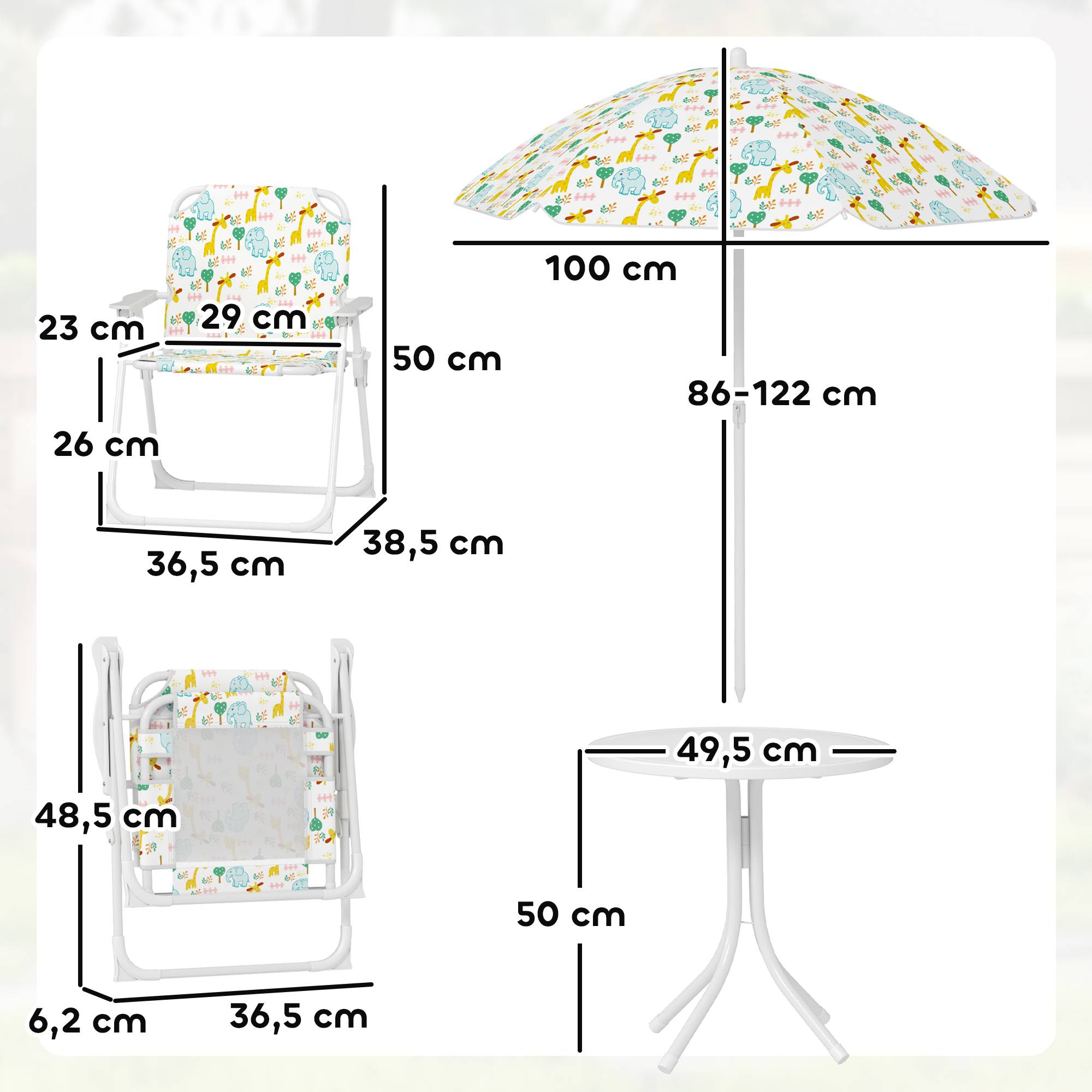 Ensemble table et chaises de jardin pour enfants, 4 pièces, chaises pliantes, parasol réglable, motif éléphant, blanc - Image 5