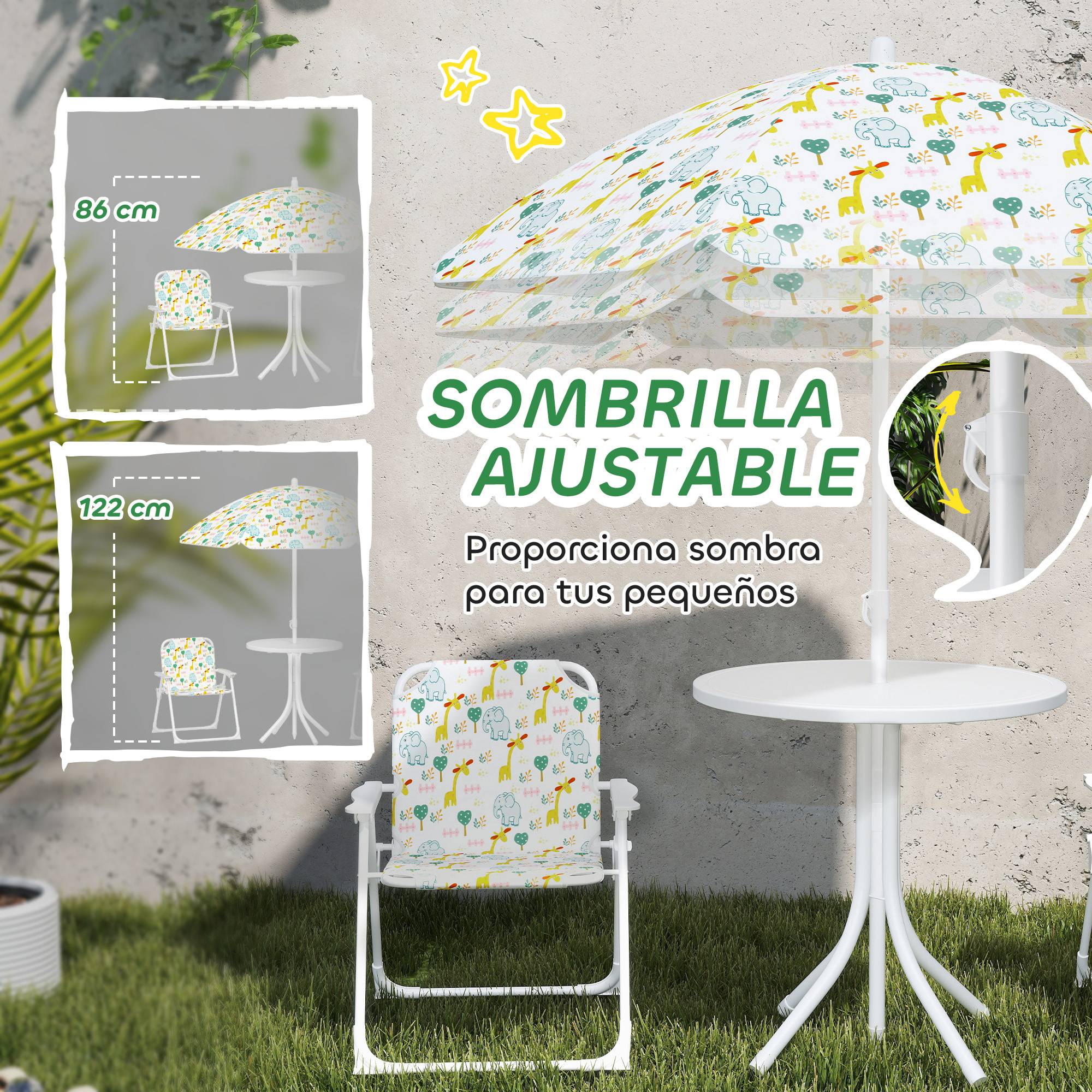 Ensemble table et chaises de jardin pour enfants, 4 pièces, chaises pliantes, parasol réglable, motif éléphant, blanc - Image 7