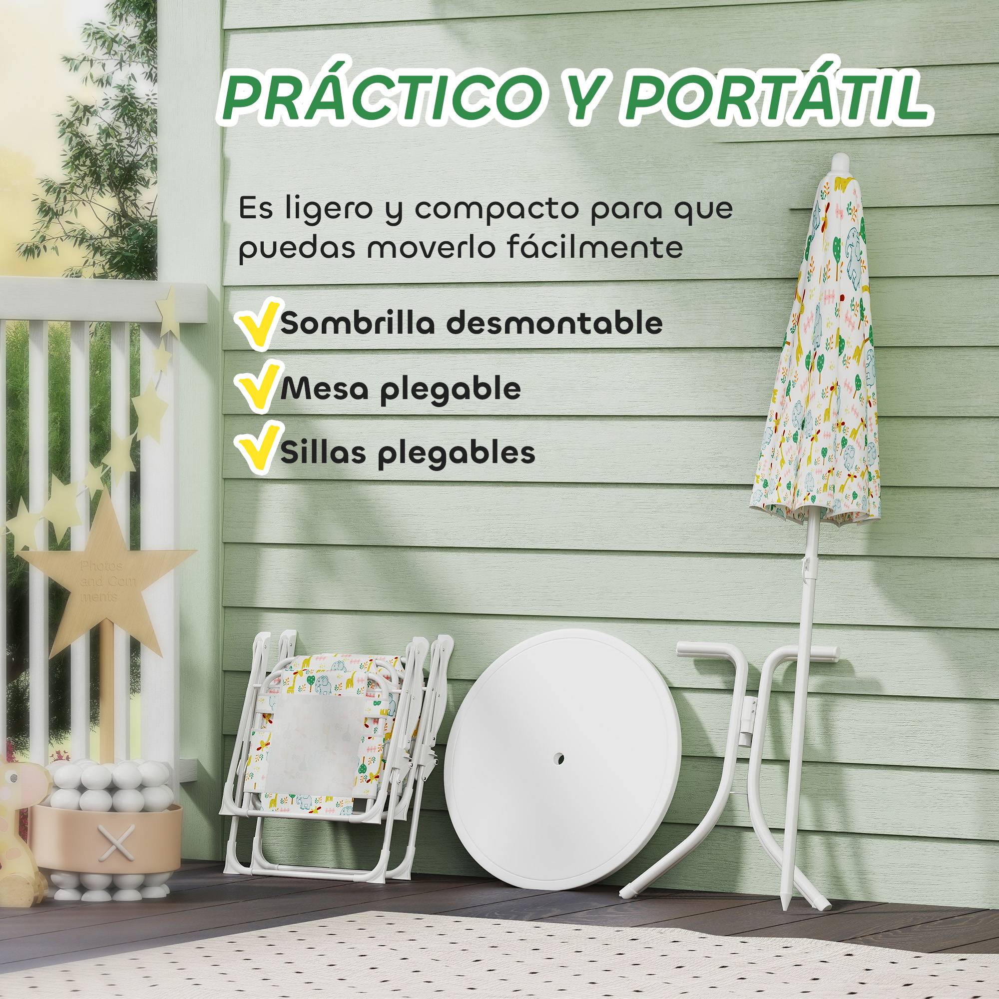 Ensemble table et chaises de jardin pour enfants, 4 pièces, chaises pliantes, parasol réglable, motif éléphant, blanc - Image 8